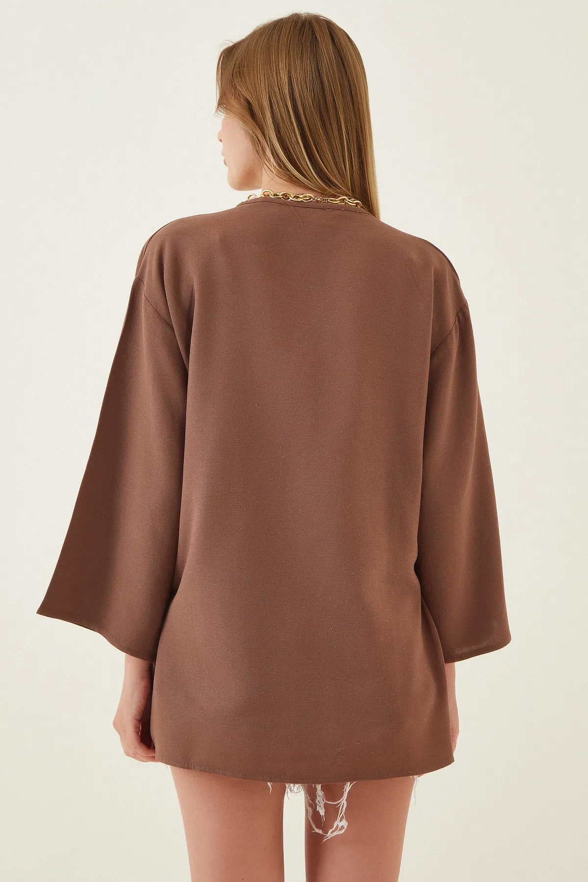 Happiness İstanbul  Lässiger Kimono aus Leinen und Viskose für Damen, braun, BH00388