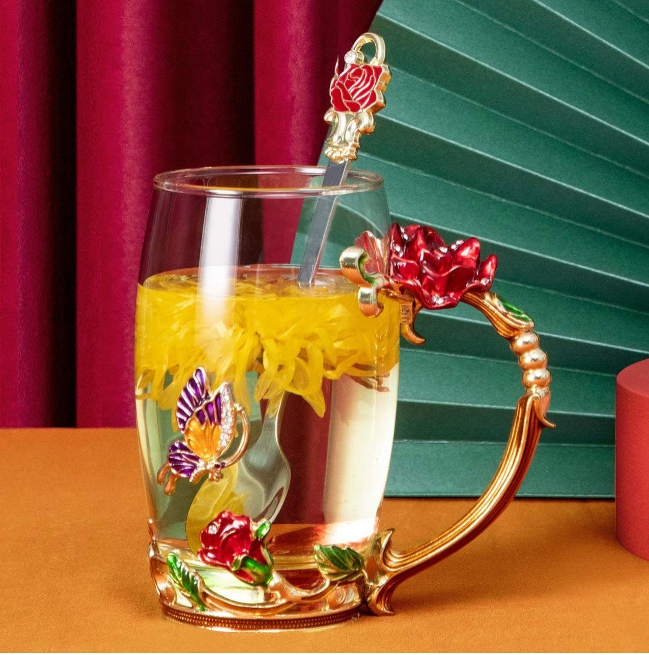 little dove Teeglas Teetasse aus Glas Teetasse Kaffeetassen mit Blumengriff und Löffel