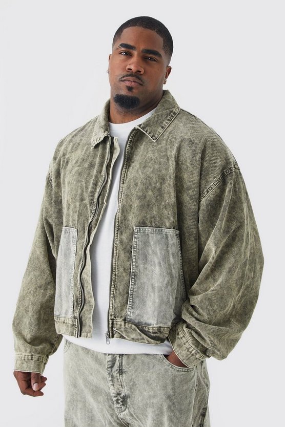 Plus kastige Colorblock Cord-Jacke mit Acid-Waschung
