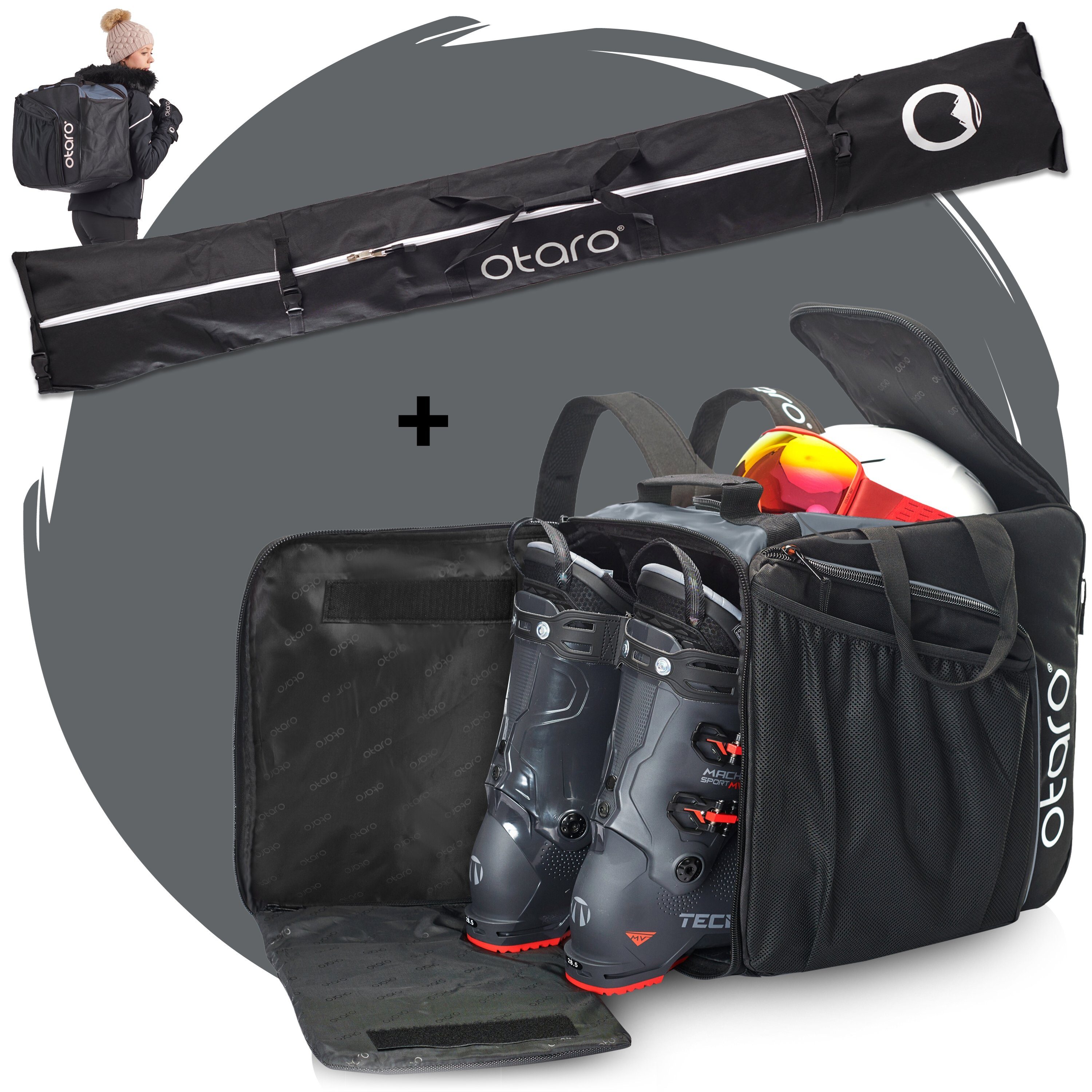 Otaro Sporttasche Set: Skischuhtasche & Skitasche, Pro-Set für 1 Paar Ski (Schutz für deine Ausrüstung, Perfekt durchdacht, ausklappbare Standfläche, für 1 Paar Ski + Stöcke)
