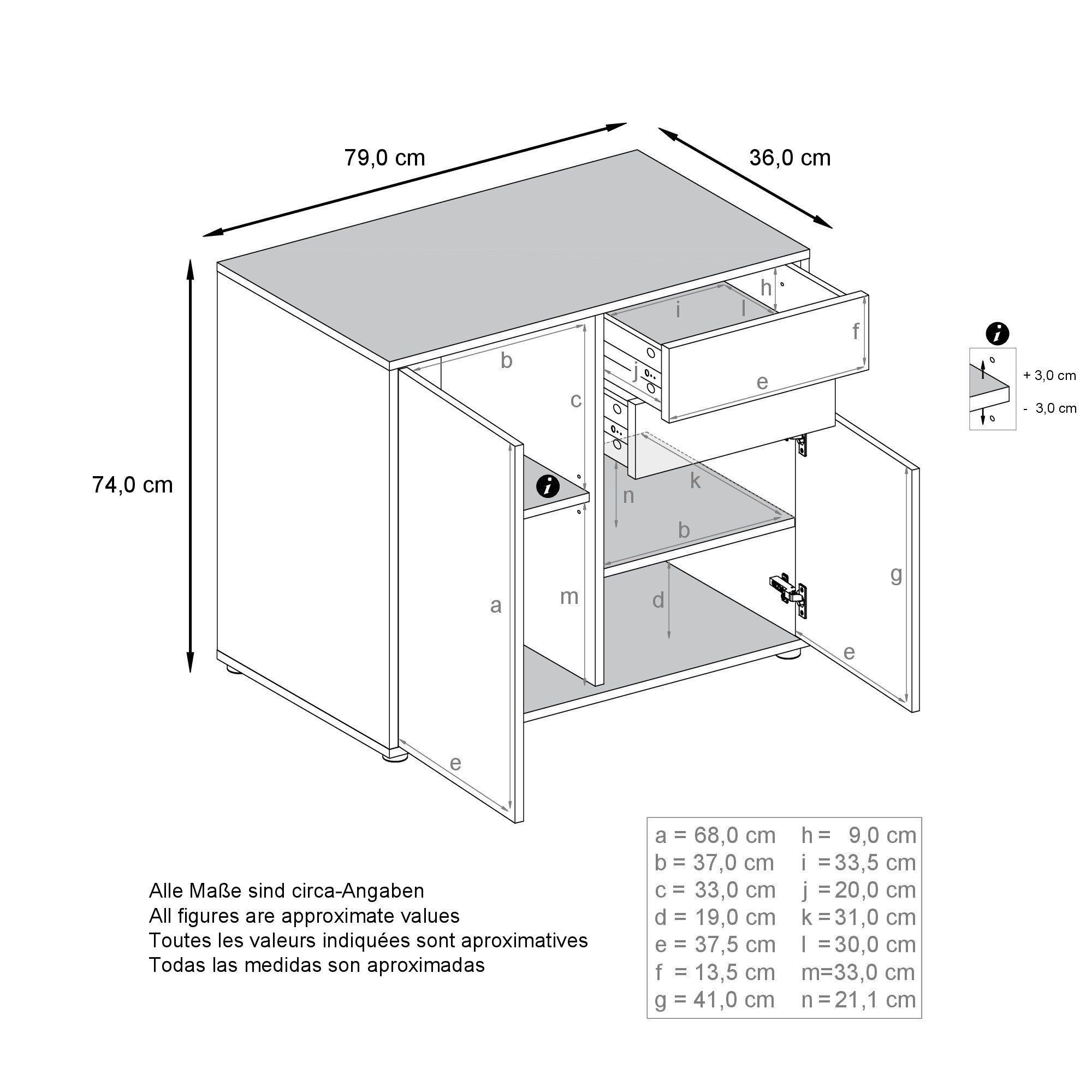 Vladon Kommode Ben (Kommode, mit 2 Türen und 2 Schubladen), Schwarz matt/Weiß matt (79 x 74 x 36 cm)