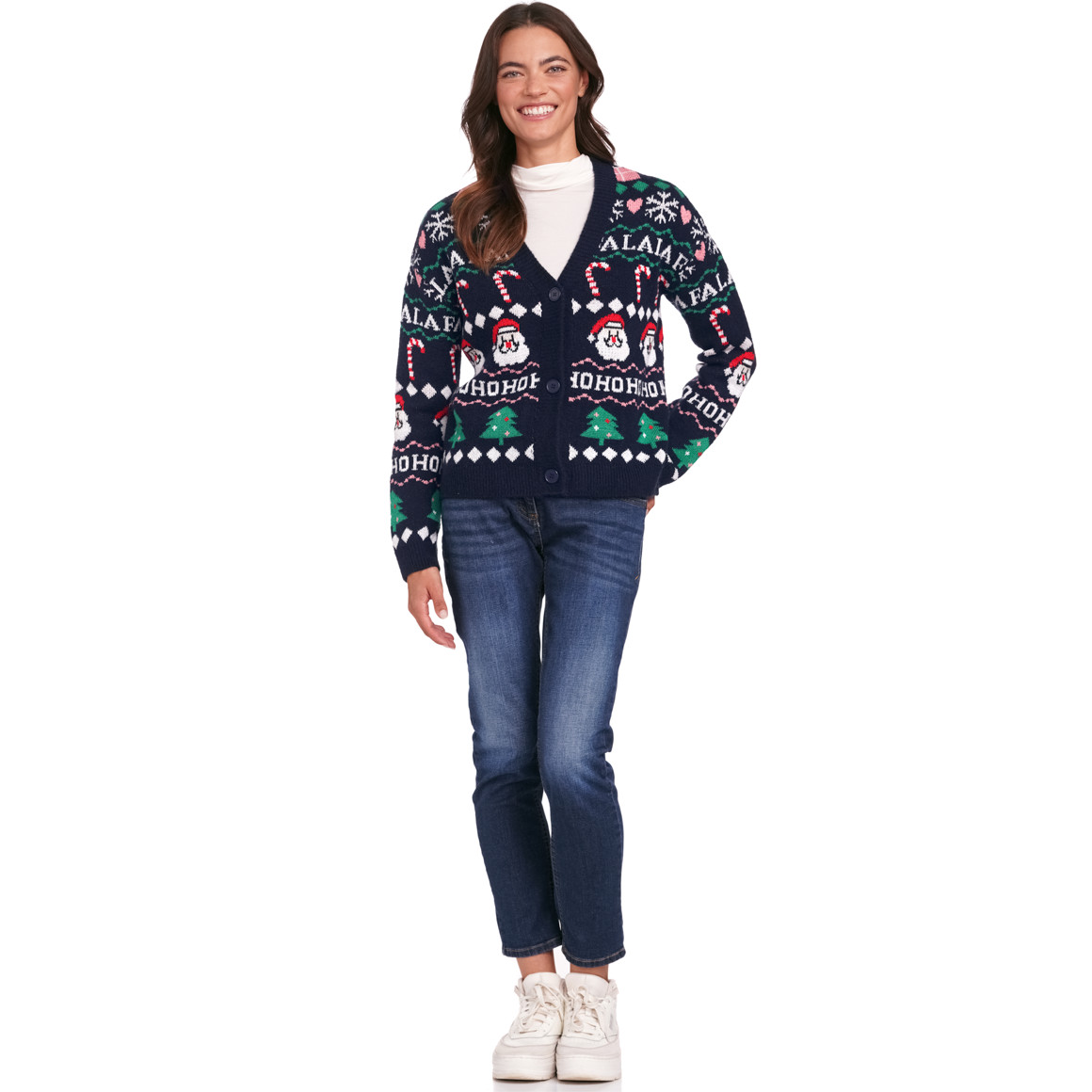 Damen Weihnachtsstrickjacke mit V-Ausschnitt dunkelblau