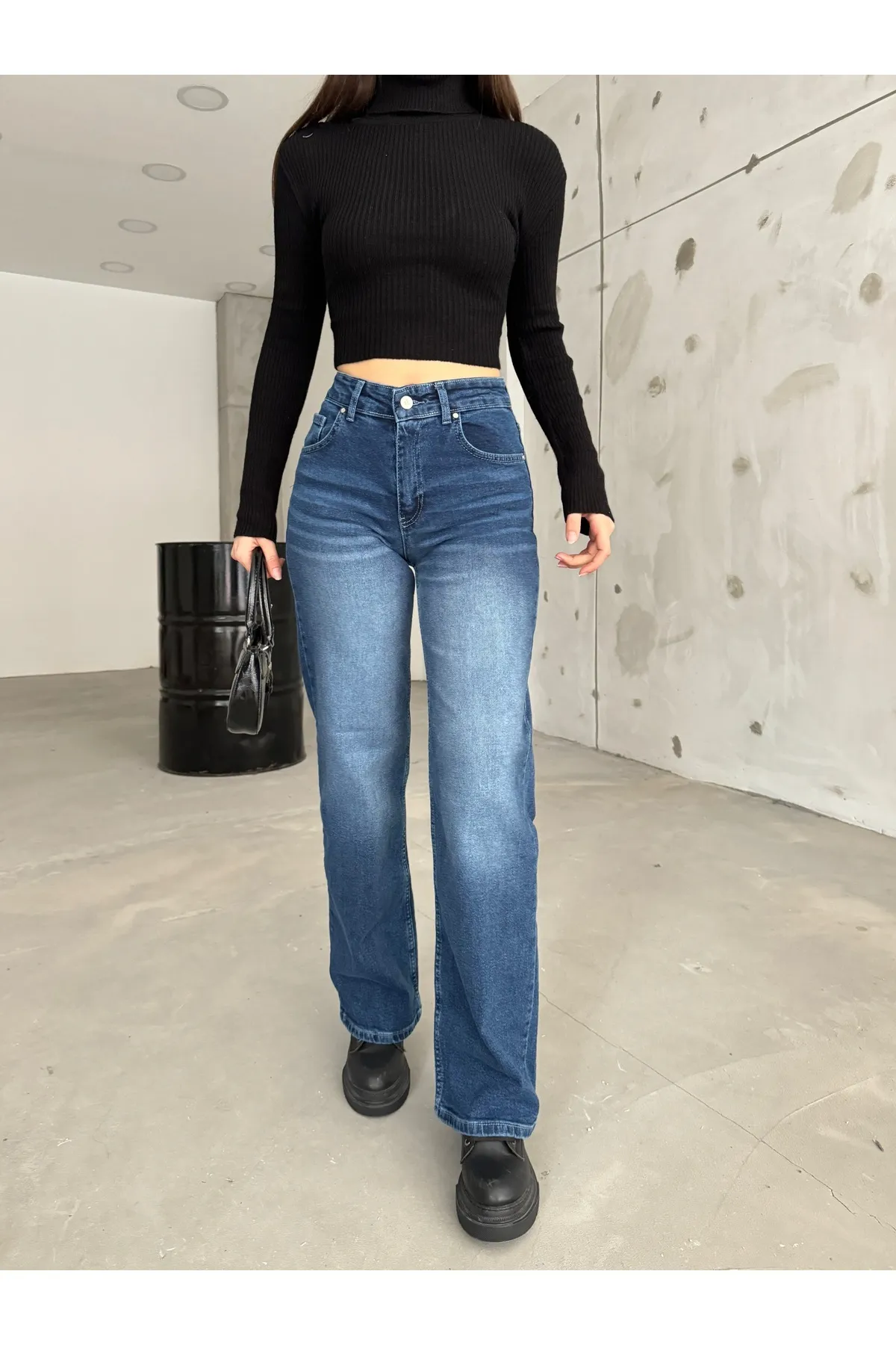 BİKELİFE  Damen-Palazzo-Jeans aus Lycra mit hoher Taille und weitem Bein in Blau mit hellem Effekt und weitem Bein in Segelblau