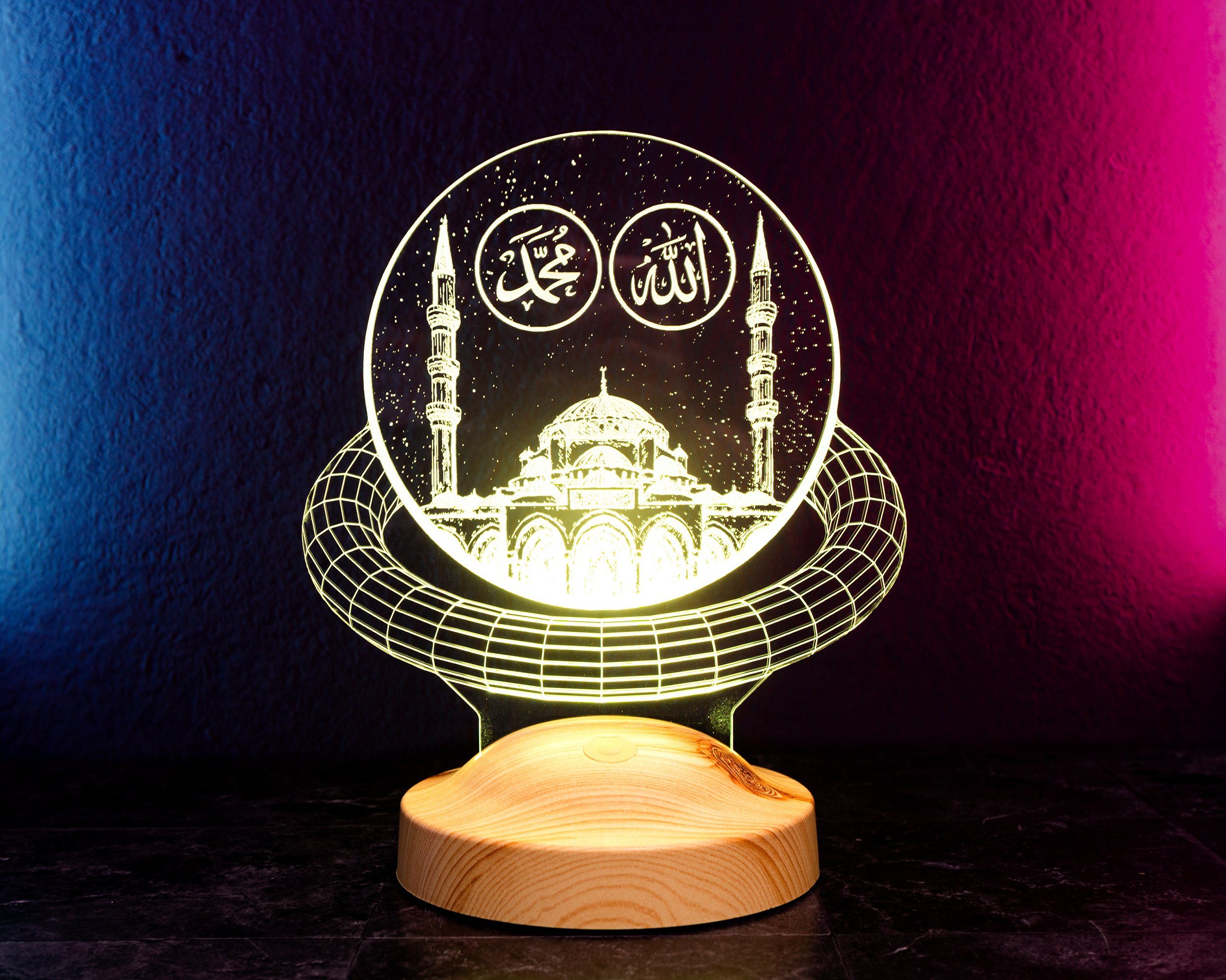 Geschenkelampe LED Nachttischlampe Moschee Nachtlicht Islamistische Deko Geschenk für Muslimischen Freund, Leuchte 7 Farben fest integriert, Allah Islamisches Kalligraphie, Eid-Dekoration
