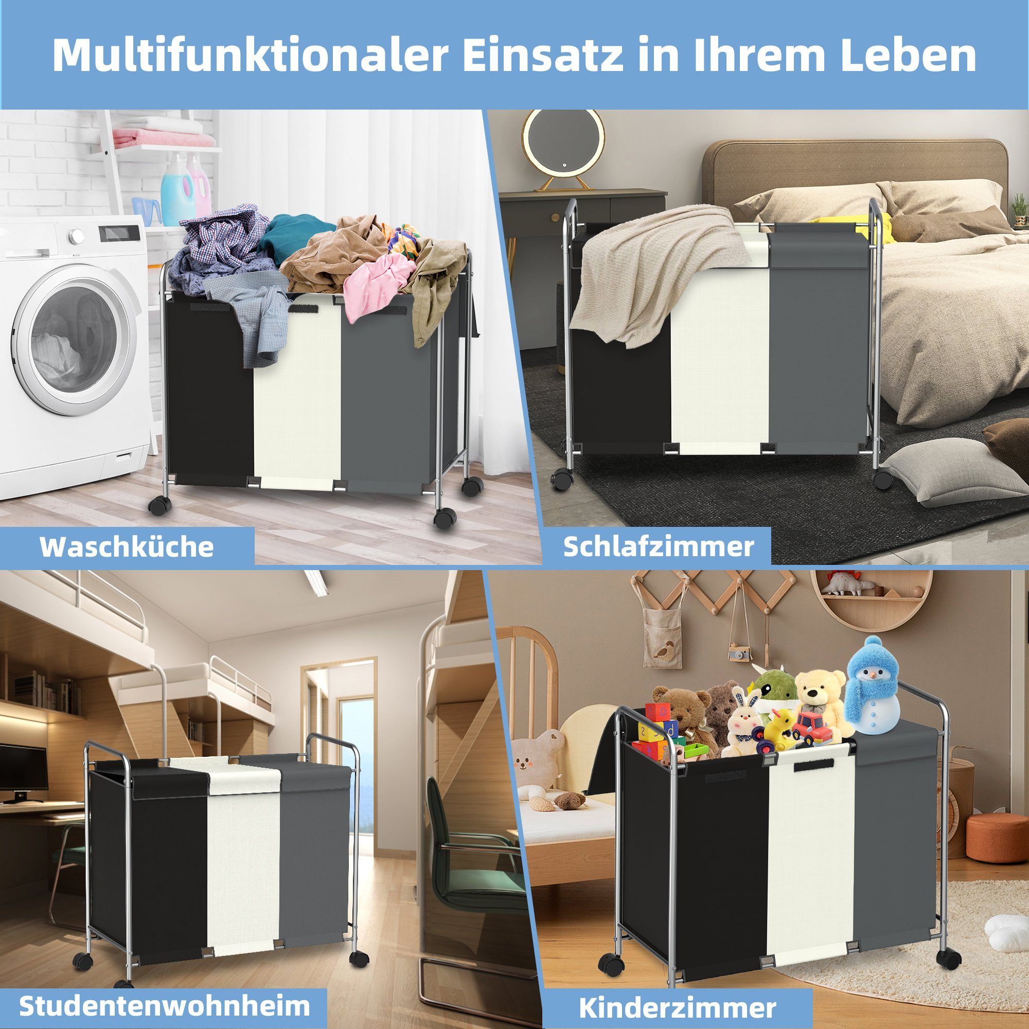 NEFOSO Wäschekorb Wäschesammler 3 fächer mit Deckel, 150L wäschesortierer für Waschküche, 600D Oxford-Gewebe, wäsche sortiersystem mit Rädern, 76 x 39 x 85 cm