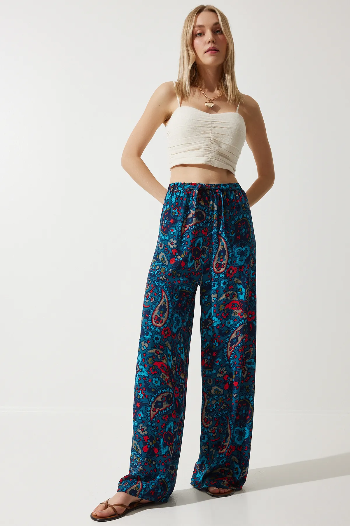 Happiness İstanbul  Damen-Sommerhose aus lockerer Viskose in Dunkelkobaltblau mit hoher Taille, BH00354
