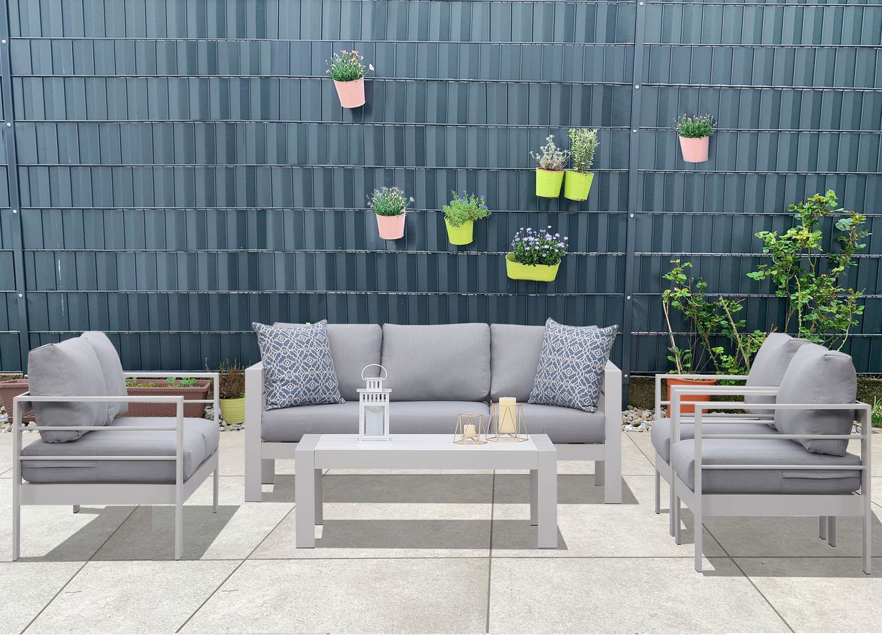 MeXo Gartenlounge-Set (Gletscherbach) Lounge Set modisches Gartenmöbelset für 6-7 Personen, Balkonset Sitzmöbel-Set Rahmen aus Aluminium Indoor Outdoor (Weiß)