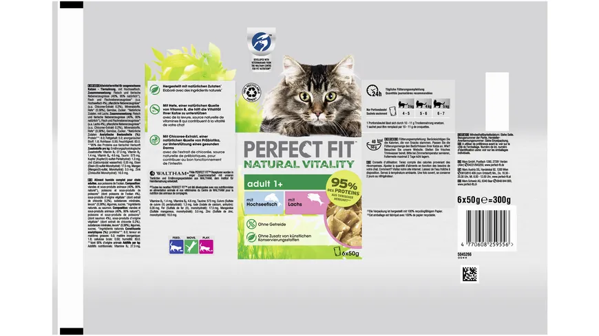 PERFECT FIT™ Katze Portionsbeutel Natural Vitality Adult 1+ mit Hochseefisch und mit Lachs 6 x 50g Multipack 300 g