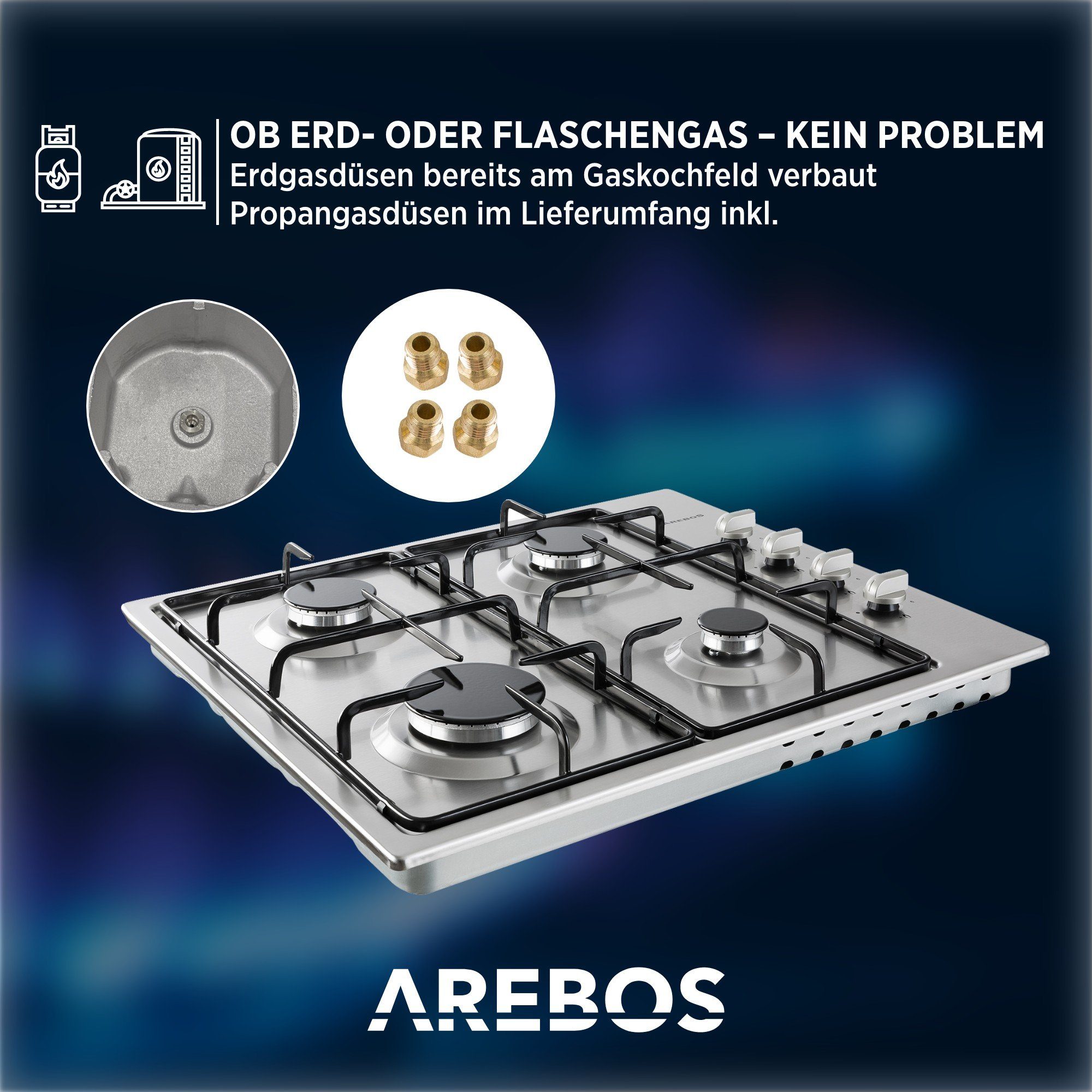 Arebos Gas-Kochfeld Gasherd AR-HE-GH58, Edelstahl, Geeignet für Erdgas oder Propangas, Gasherd, Gaskocher