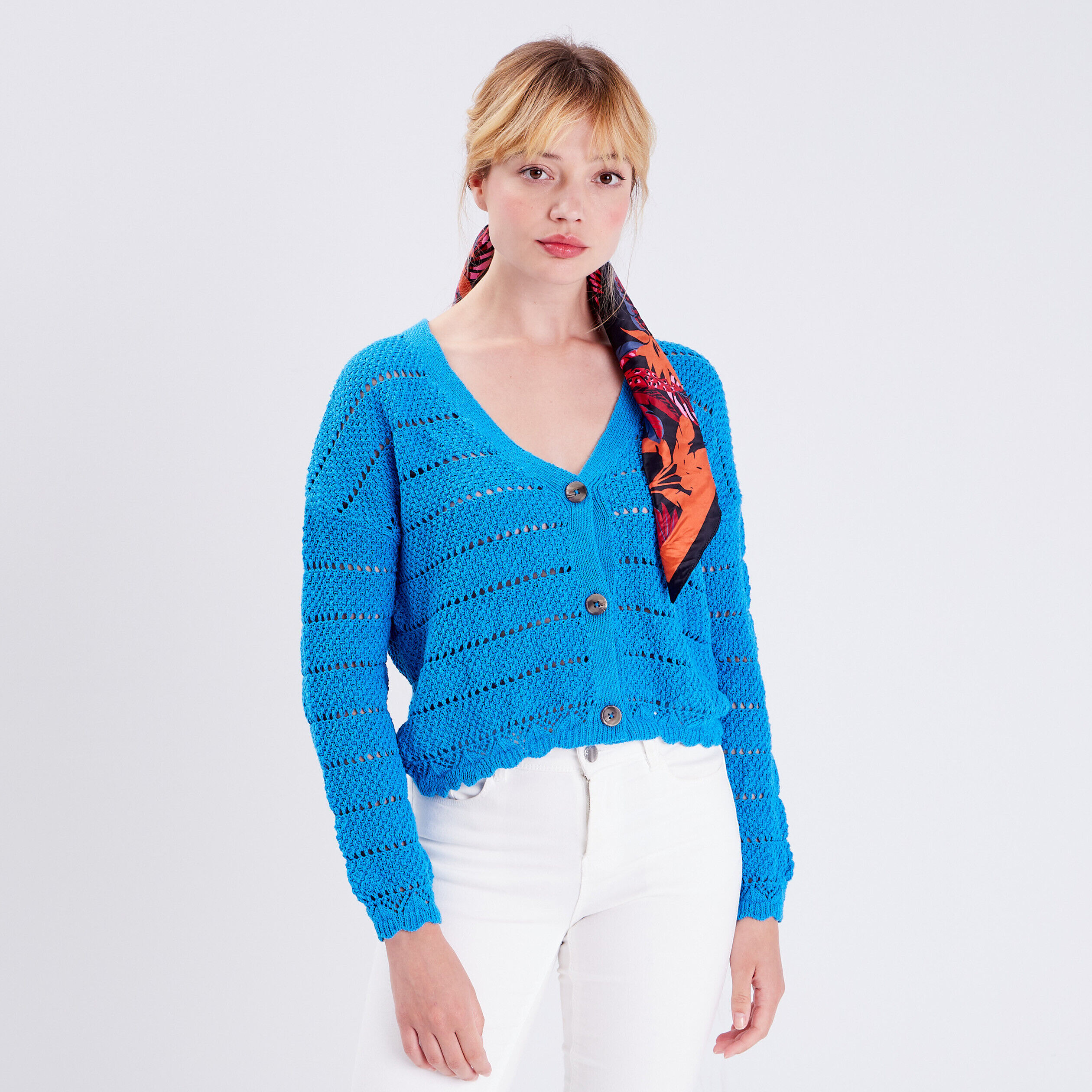 Gilet boutonné aspect crochet bleu femme | Cache Cache
