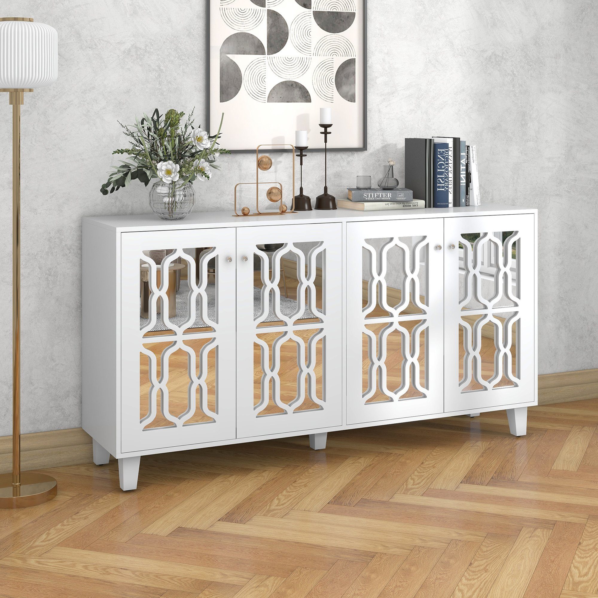 Flieks Sideboard (1 St), Schrank mit 4 Spiegeltür Anrichte Kommode Wohnzimmer Schlafzimmer