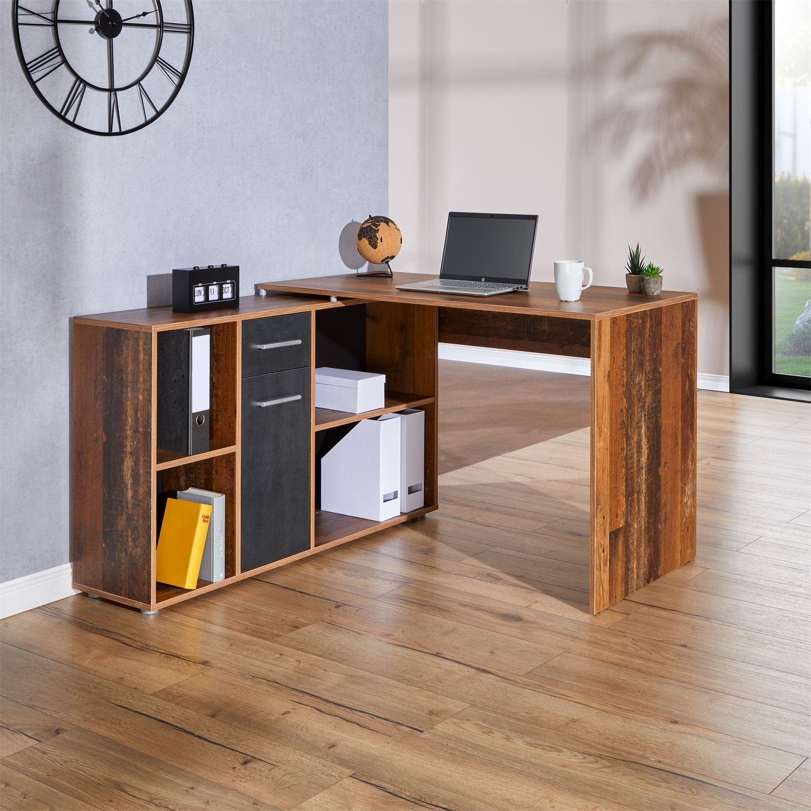 CARO-Möbel Eckschreibtisch DIEGO, Eckschreibtisch mit Regal Büro Arbeits Winkelschreibtisch Old Style/Be