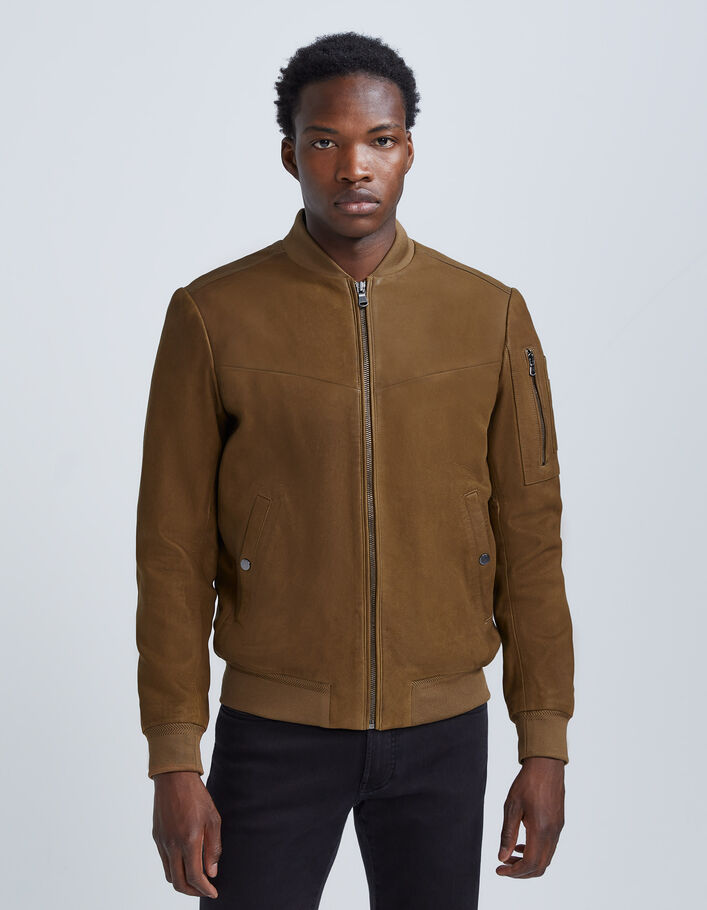 Bomber beige en cuir à poches zippées Homme