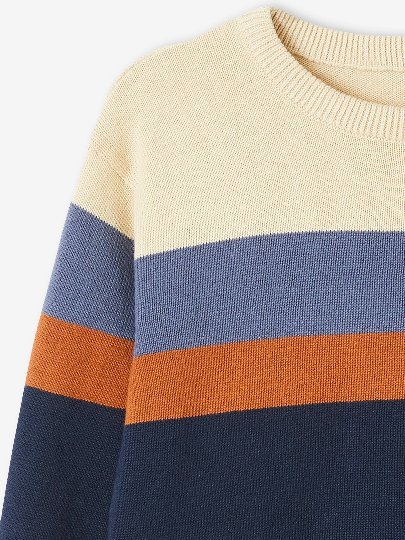 Pull colorblock rayé garçon maille fine raye vert