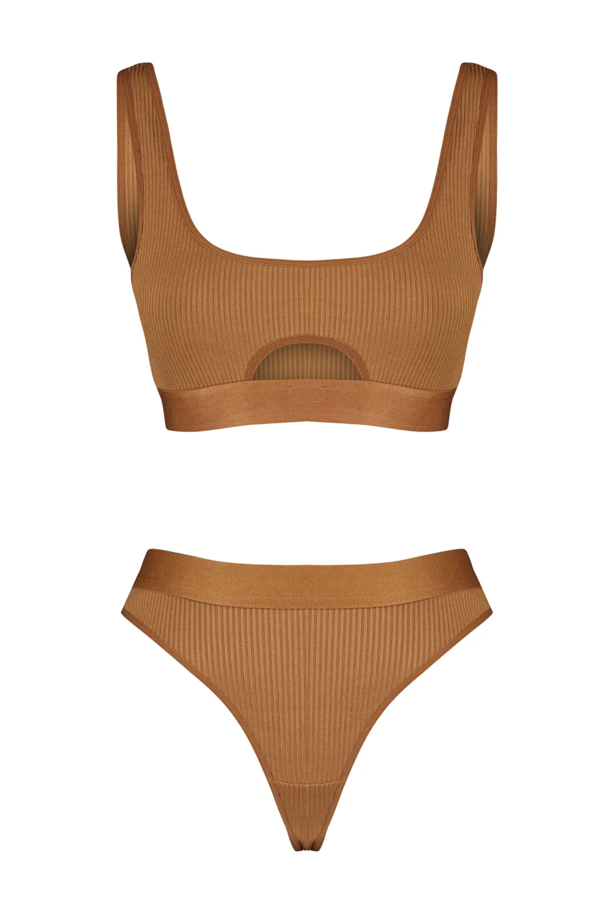 Trendyol Collection  Braunes, schnurgebundenes, elastisches Strickunterwäsche-Set mit Fenster und Ausschnitten THMSS23CC00110