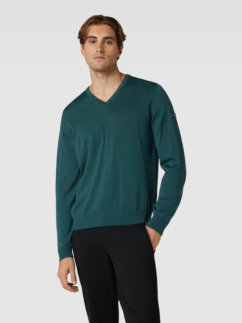 Strickpullover mit Label-Patch in dunkelgrün