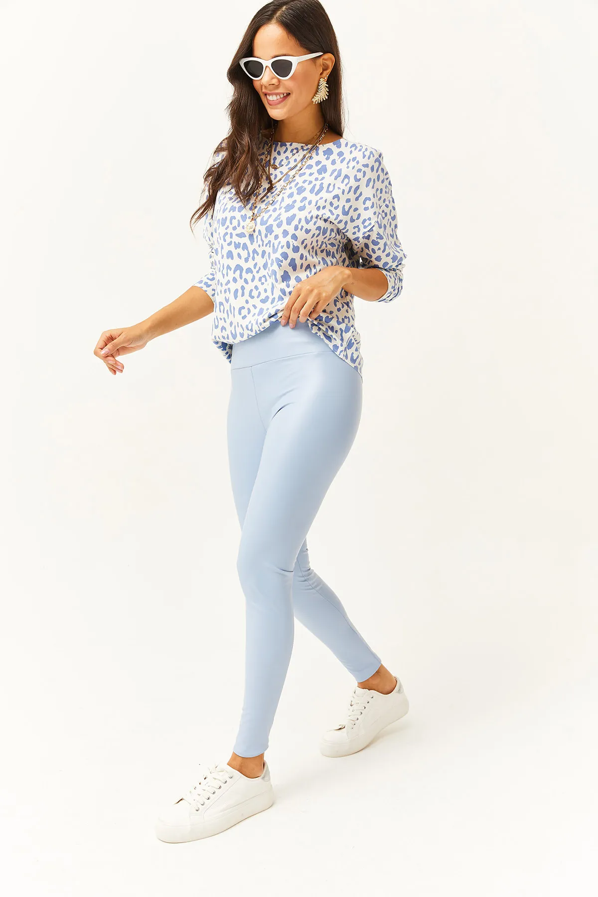 Olalook  Damen Leggings mit hoher Taille und Fleece-Innenseite in Babyblau, Lederoptik TYT-19000040