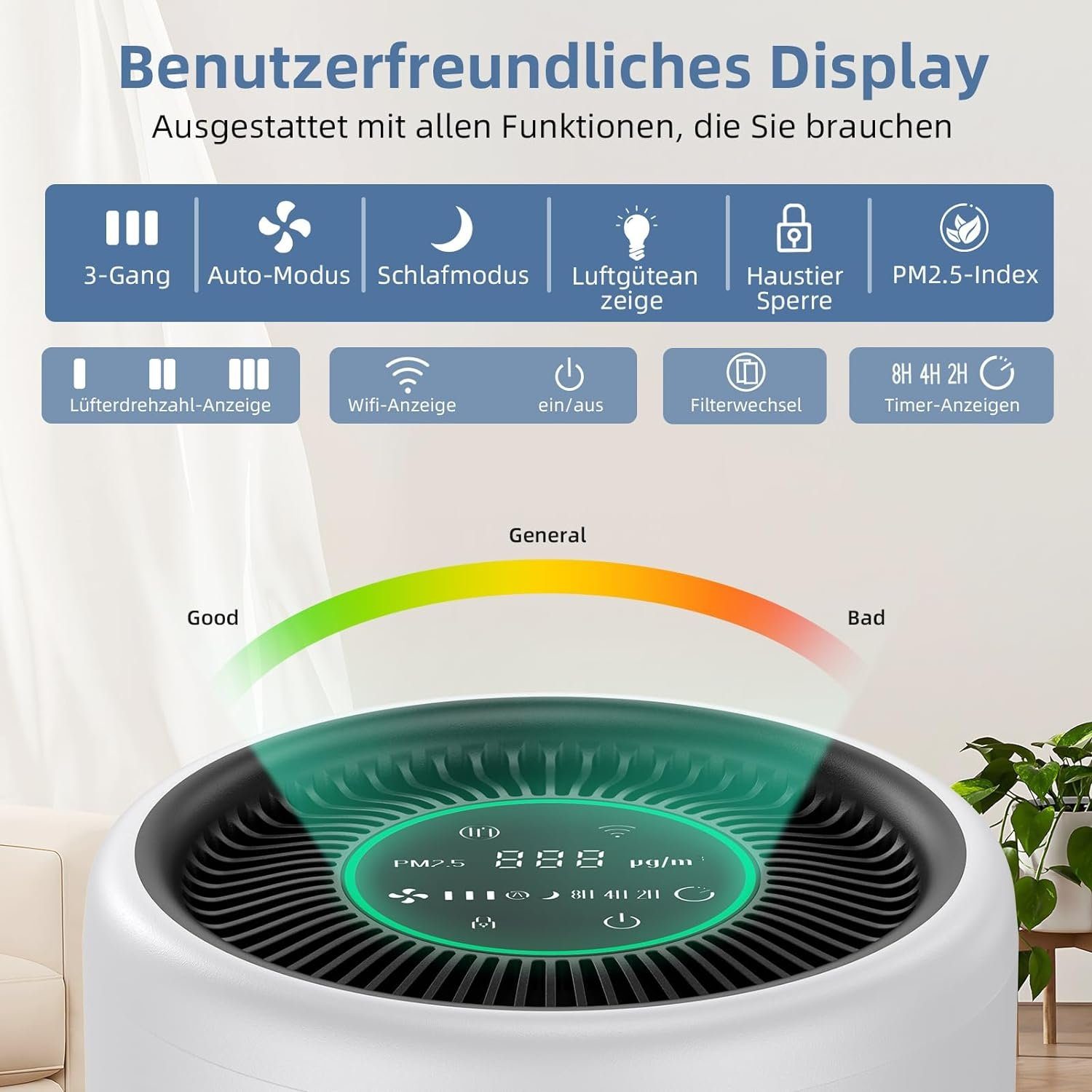 Rubot Luftreiniger, für 38 m² Räume, Allergiker mit H13 HEPA Luftfilter Gegen Schimmel Staub CADR 183m³/h
