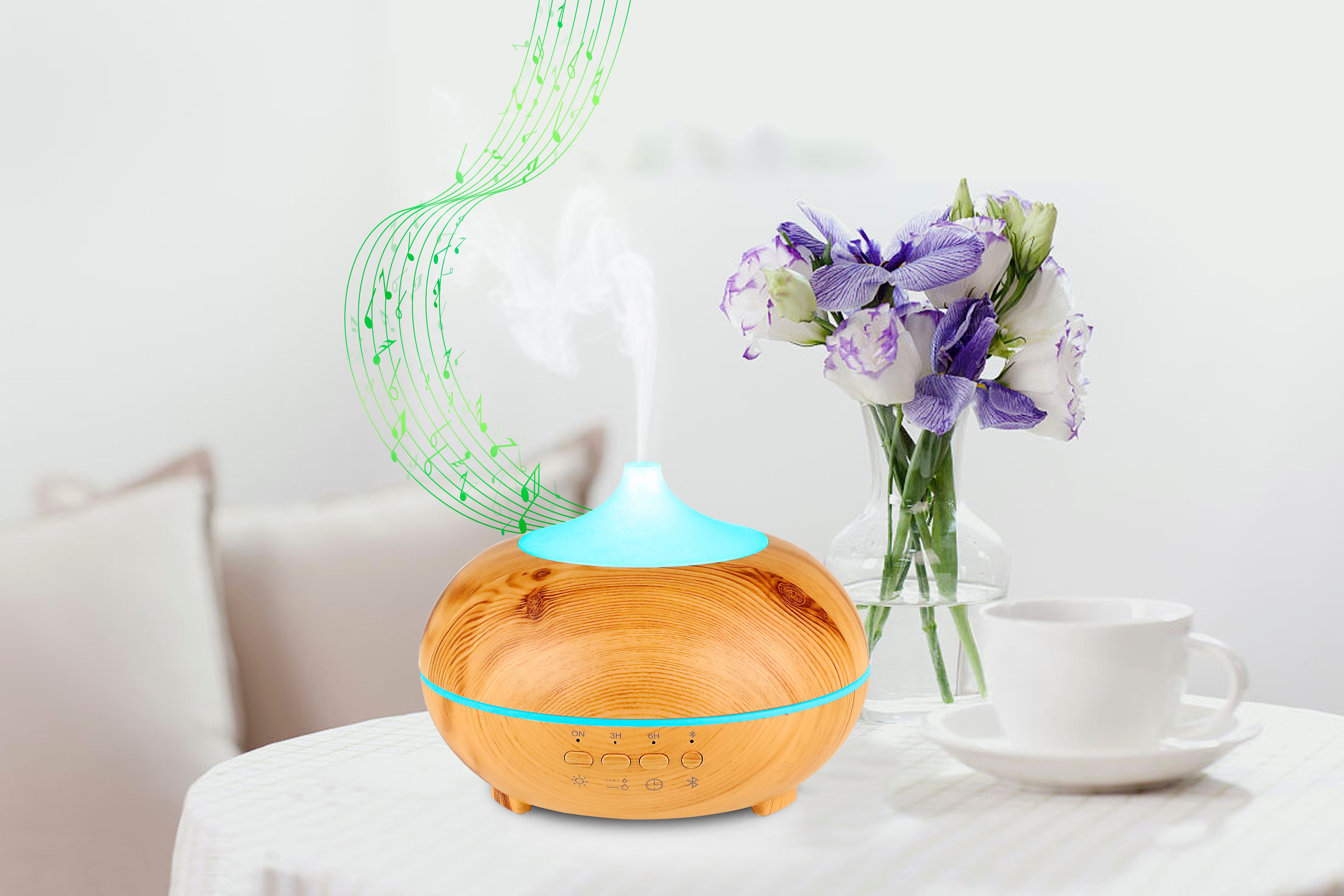 Hyrican Luftbefeuchter DT1818M Aroma-Bluetooth Luftbefeuchter, 300 ml, 7 LED-Farben, 0,3 l Wassertank, Diffuser/Diffusor, Holzoptik, integrierter Bluetooth-Lautsprecher