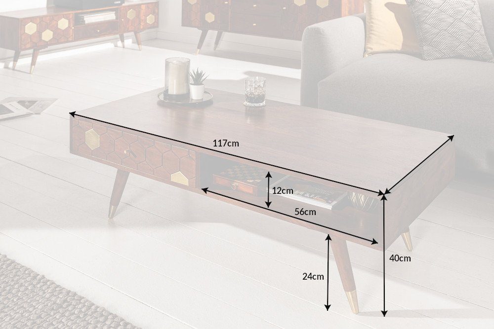 riess-ambiente Couchtisch MYSTIC LIVING 117cm braun / gold (Einzelartikel, 1-St), Wohnzimmer · Massivholz · Ablagefach · Schublade · Retro Design