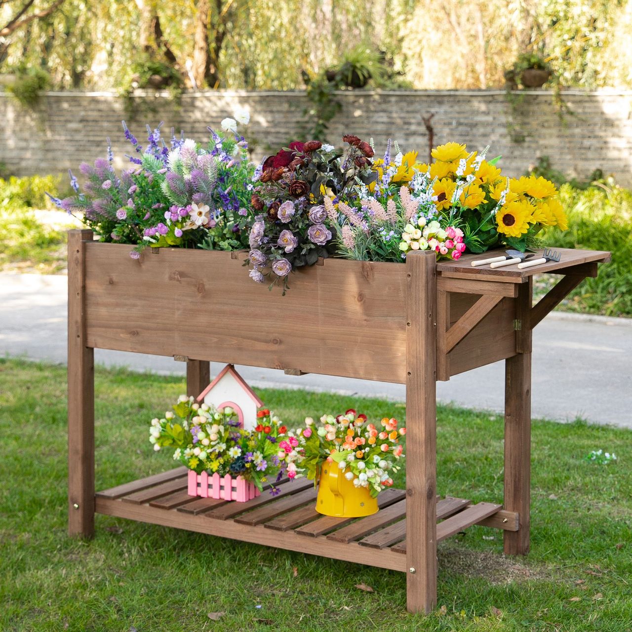 Outsunny Hochbeet Pflanzkasten mit 8 geteilten Gittern faltbare Ablage Blumenkasten Blumentopf Kräuterbeet Massivholz Braun 123 x 54 x 74 cm