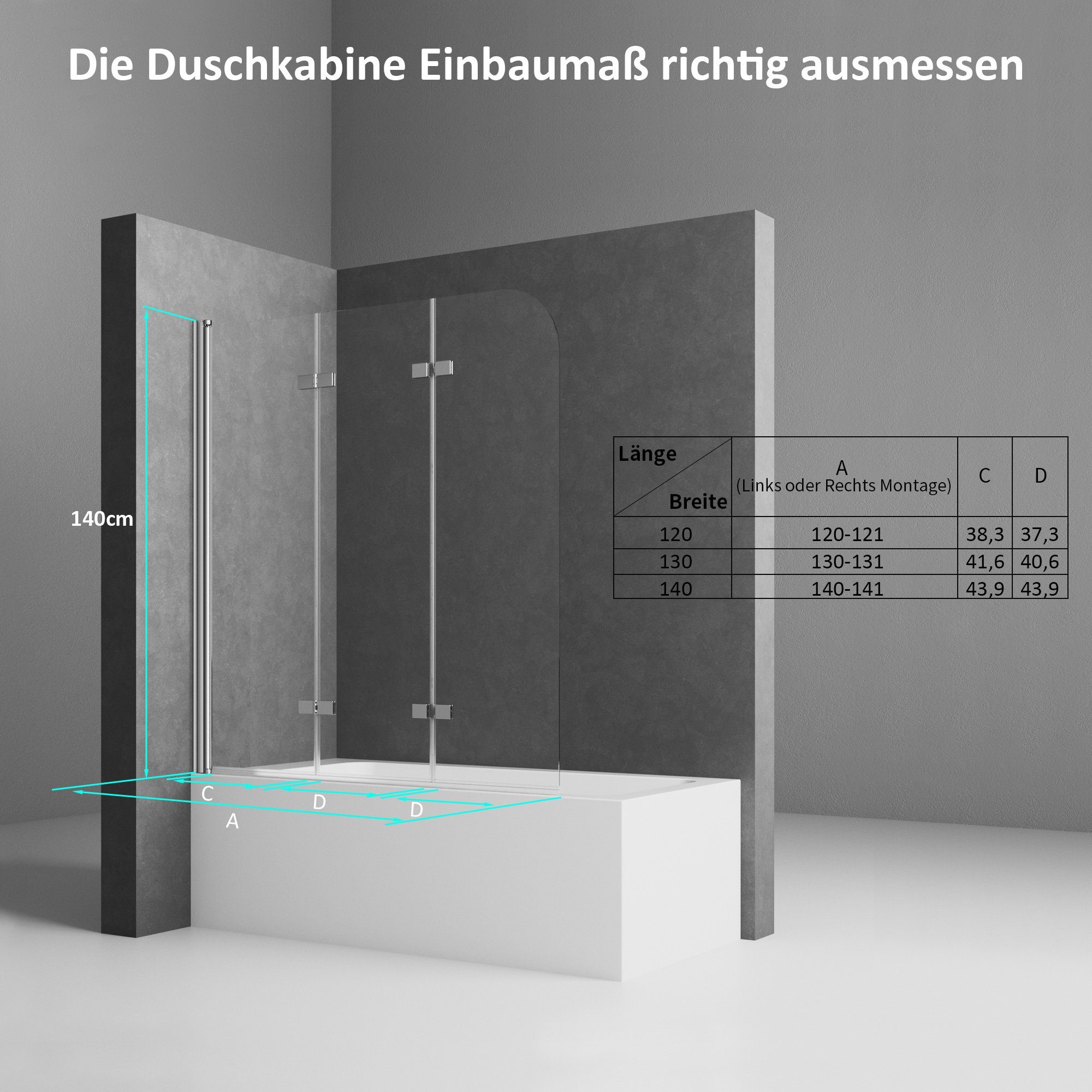 Boromal Badewannenaufsatz 3 teilig faltbar Faltwand Duschtrennwand Duschwand für Badewanne Nano, Alu-Wandprofil Schwarz Chrom, (Badewannenfaltwand, 140x140cm,130x140cm,120x140cm), Sicherheitsglas, Hebe-/Senkfunktion, Rechts-und Links montierbar