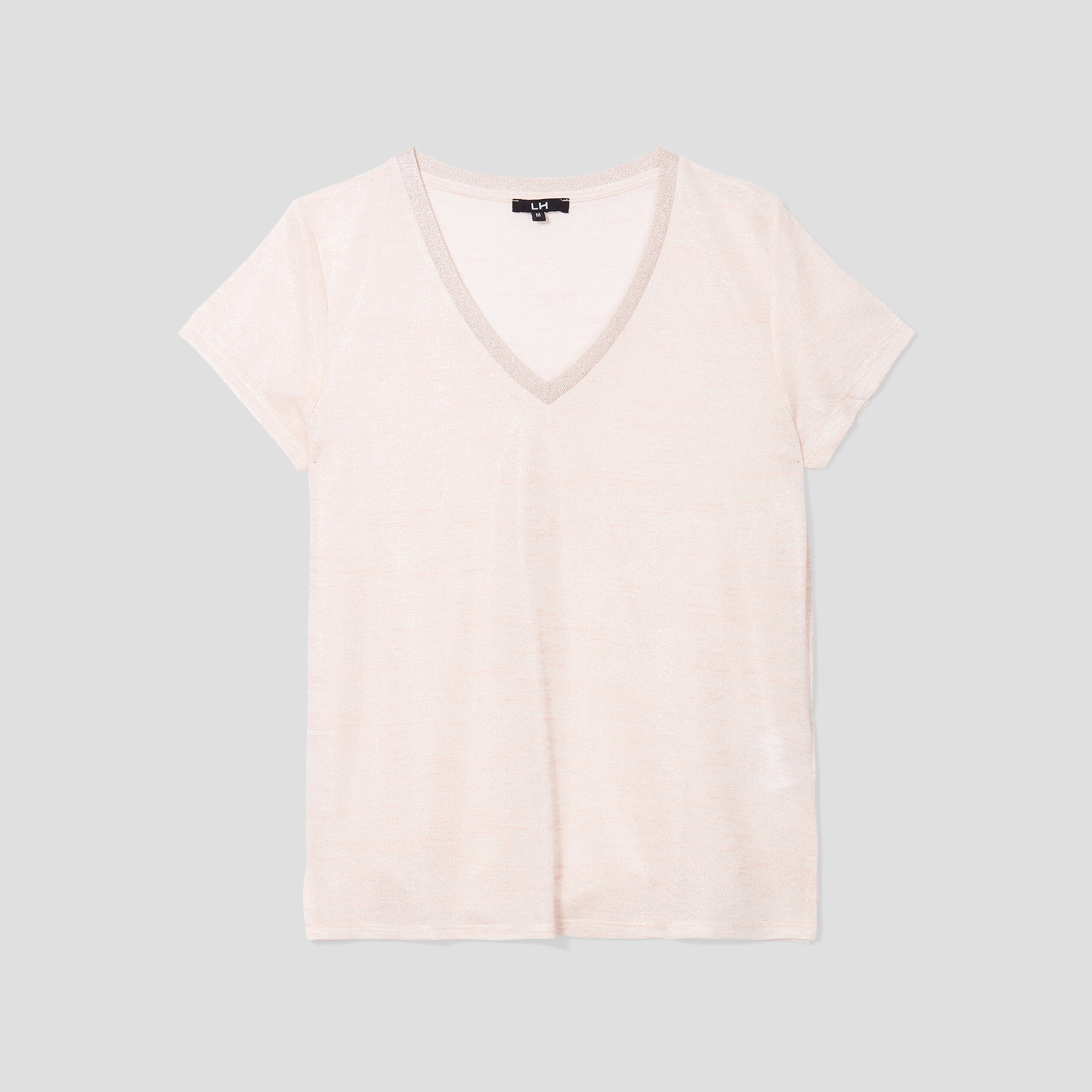T-shirt col en V à bande métallisée rose clair femme | La Halle