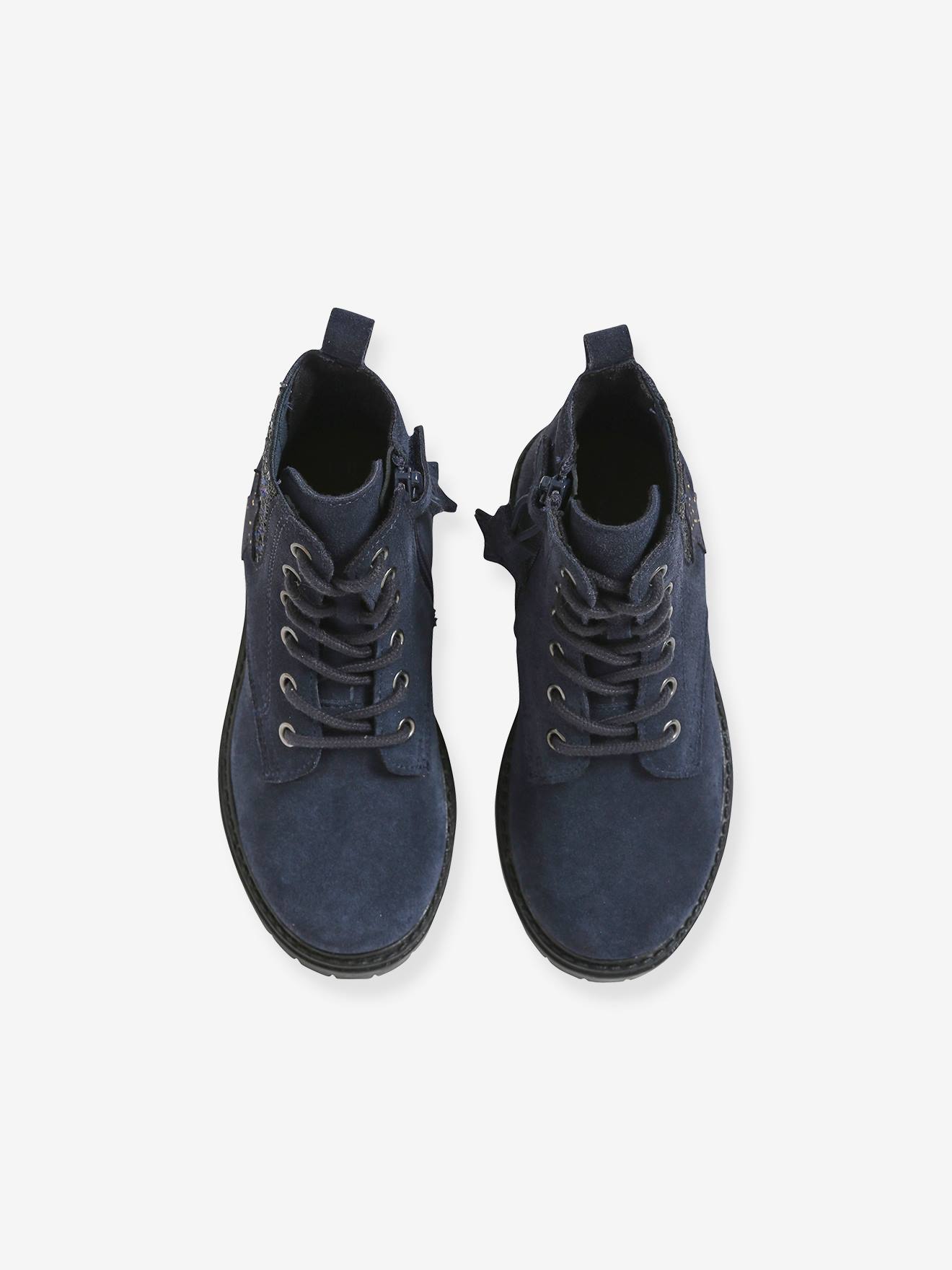 Bottines cuir fille lacées, zippées et élastiquées bleu marine