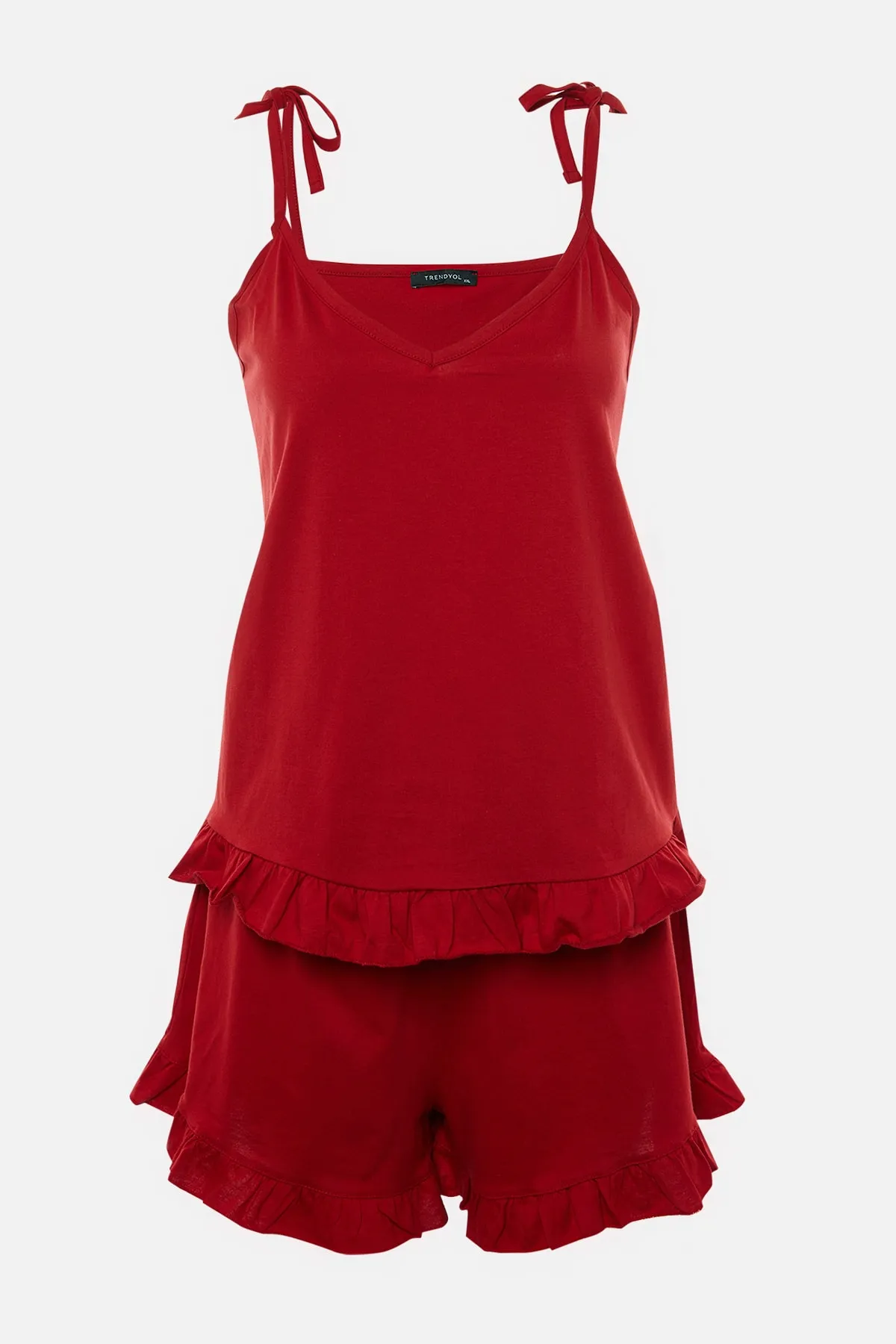 Trendyol Curve  Rotes Pyjama-Set mit gestrickten Rüschen und detailliertem Riemen TBSSS22PT0564