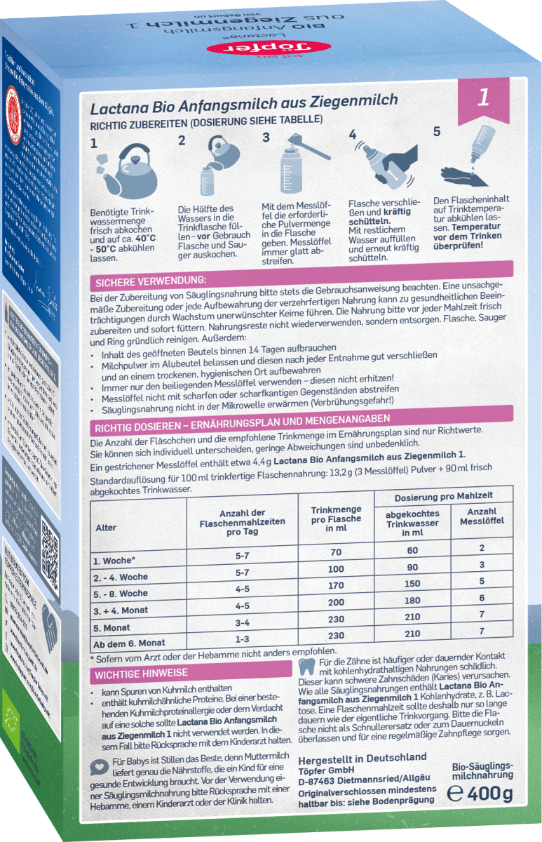 Anfangsmilch aus Ziegenmilch 1 von Geburt an, 400 g