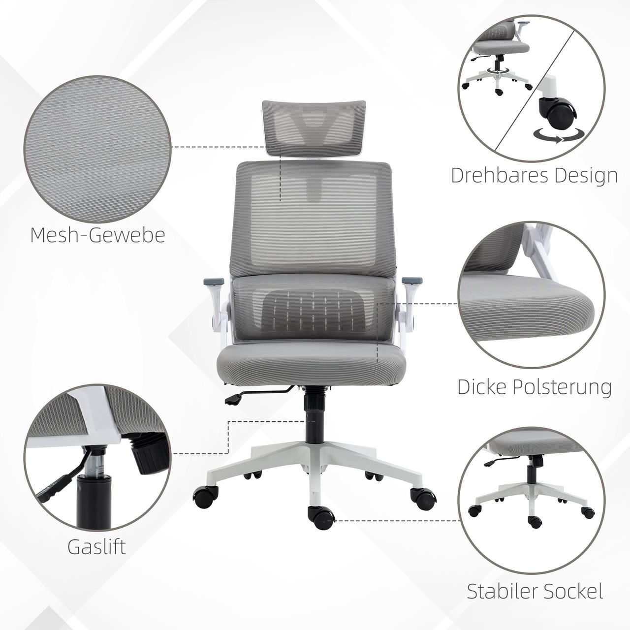 Vinsetto Bürostuhl Ergonomisch, Schreibtischstuhl mit Verstellbar Kopfstütze Mesh, Grau