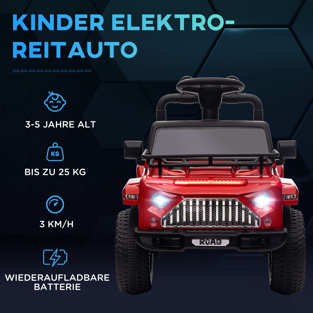 HOMCOM Elektro Kinderauto, Geländewagen mit Musikanschluss, Stauraum, Rot