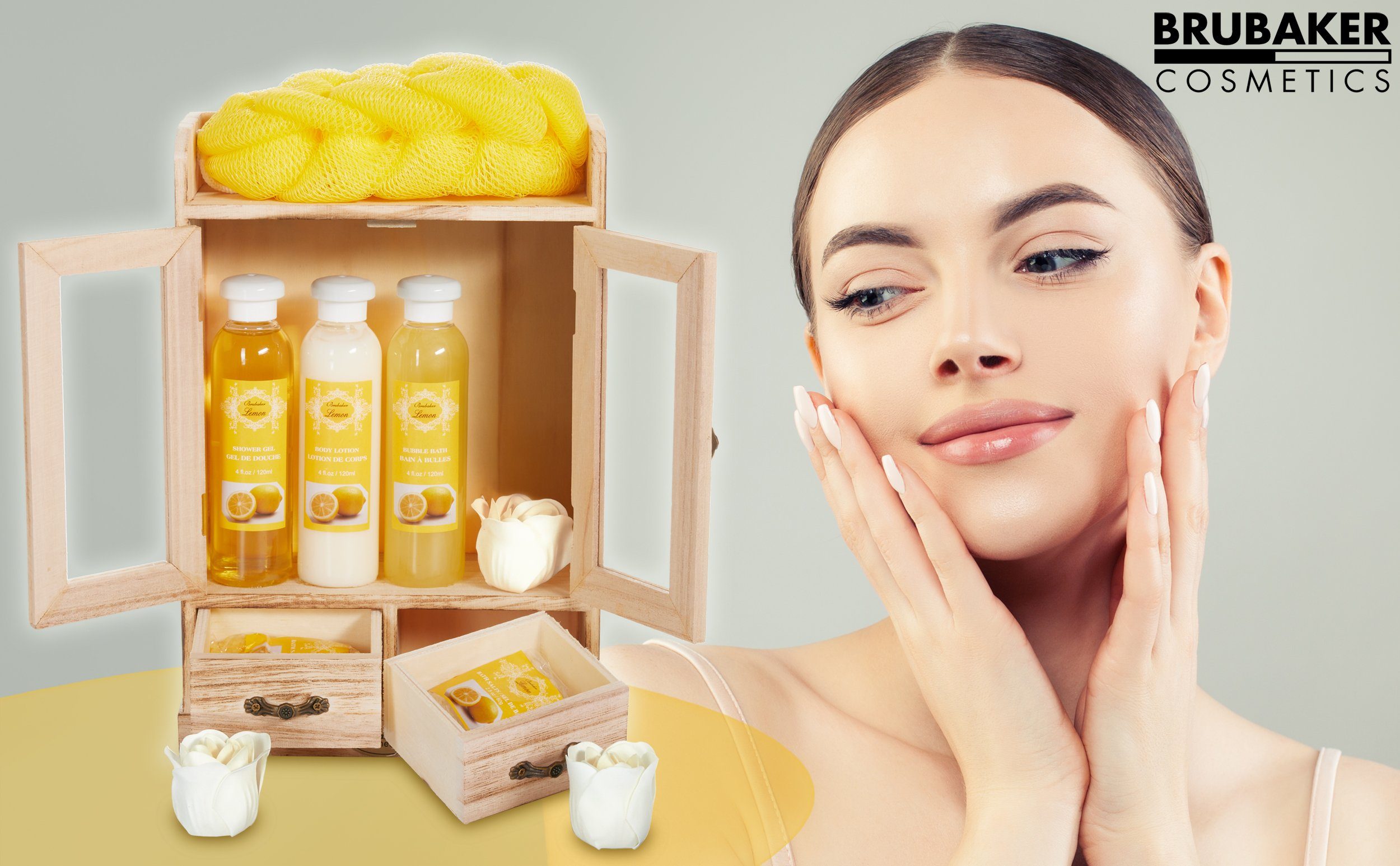 BRUBAKER Pflege-Geschenkset 2 in 1 Pflegeset Lemon & Aloe Vera - Wellness Set, 15-tlg., Damen Dusch- und Badeset - Frauen Beauty Geschenkset mit Dekoration