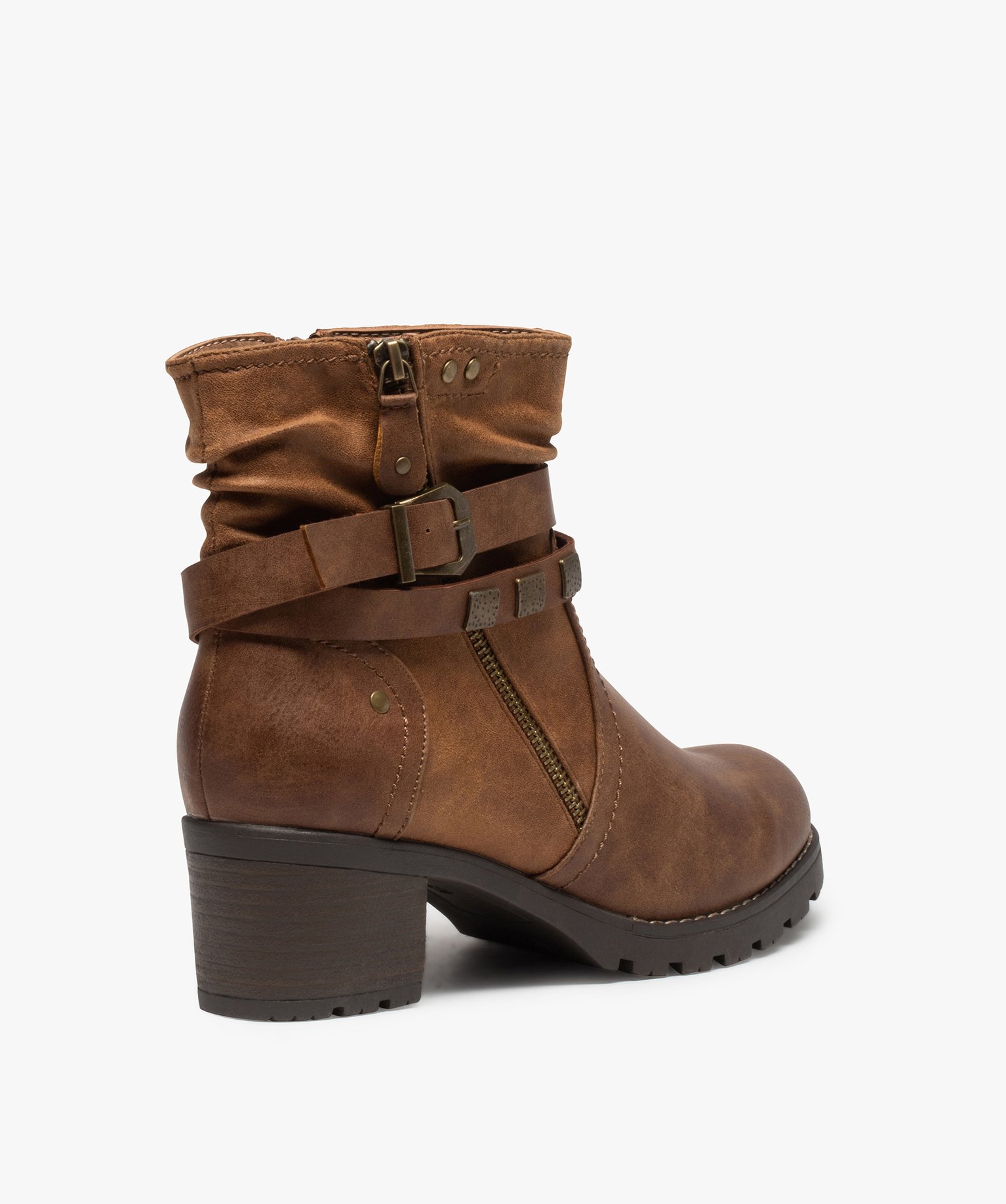 Boots femme zippées à talon carré et semelle crantée camel | GEMO
