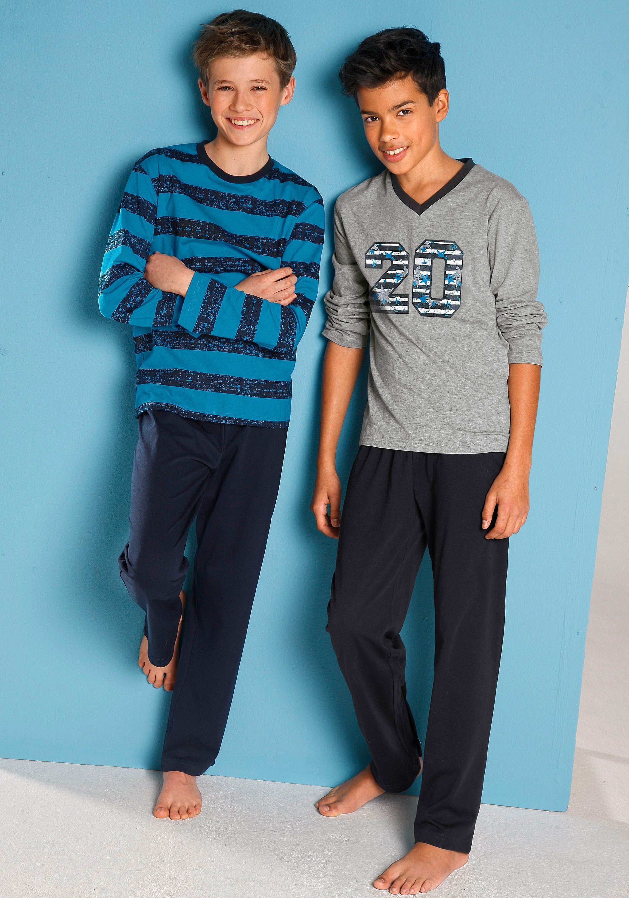 AUTHENTIC LE JOGGER Pyjama (4 tlg., 2 Stück) mit lässigem Druck und gedruckten Streifen
