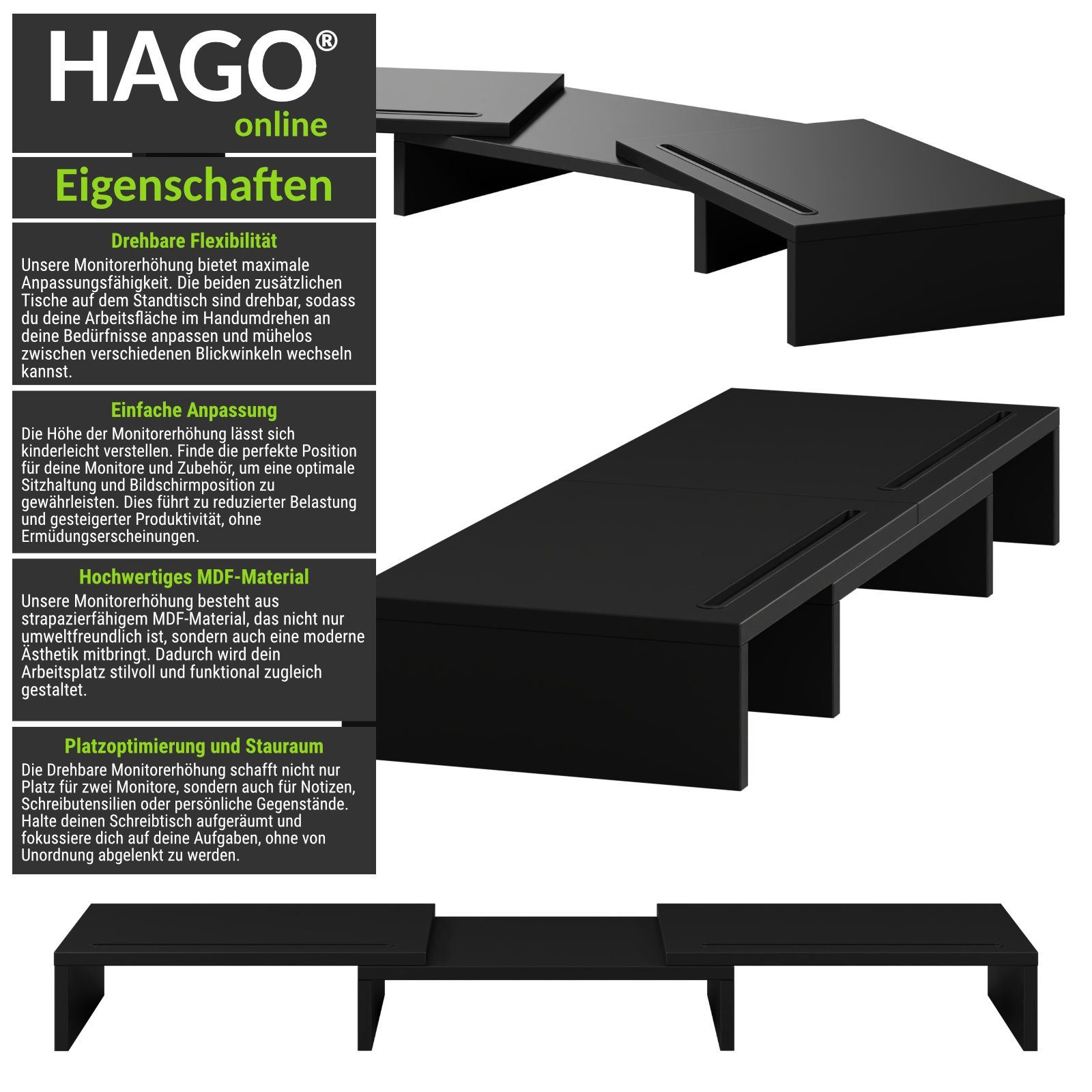 HAGO Schreibtischaufsatz 3-tlg. Monitorständer Auflage Unterbau Set Tischhalterung drehbar