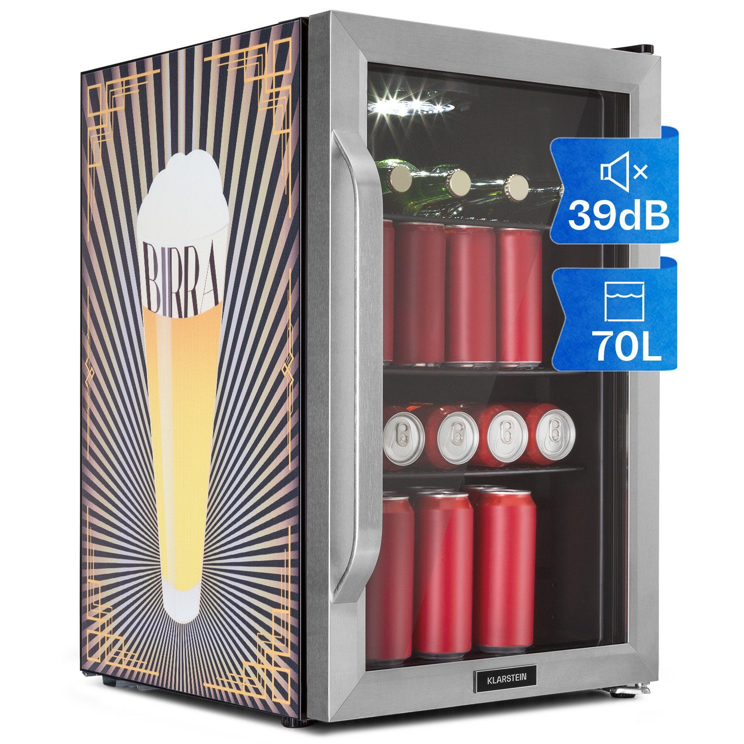 Klarstein Getränkekühlschrank HEA13-Birra -SS 10041177, 67 cm hoch, 43 cm breit, Bierkühlschrank Getränkekühlschrank Flaschenkühlschrank mit Glastür