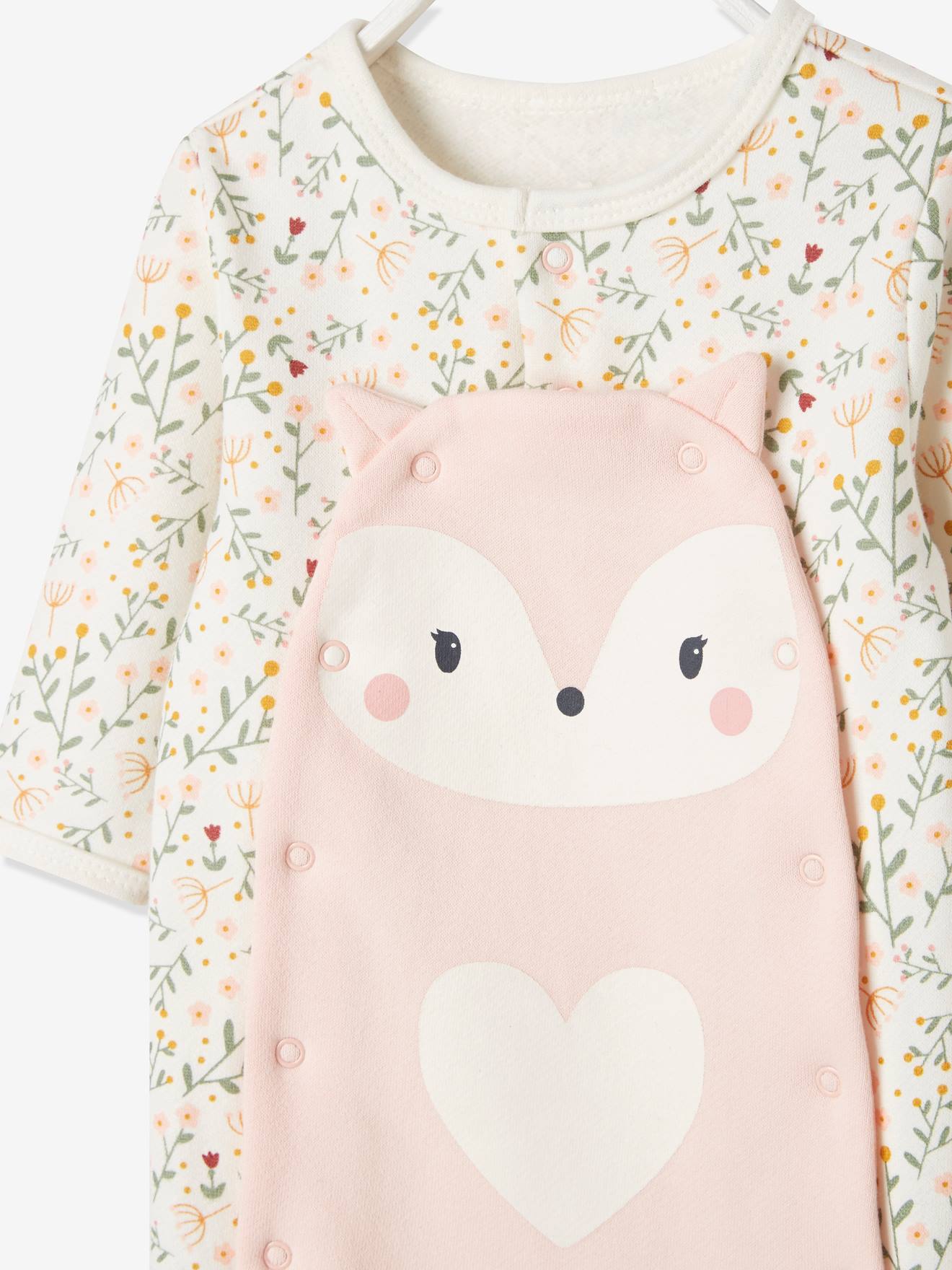Vertbaudet Mädchen Baby Strampler mit Tiermotiv, Öffnung vorn Oeko Tex - hellbeige geblümt fuchs