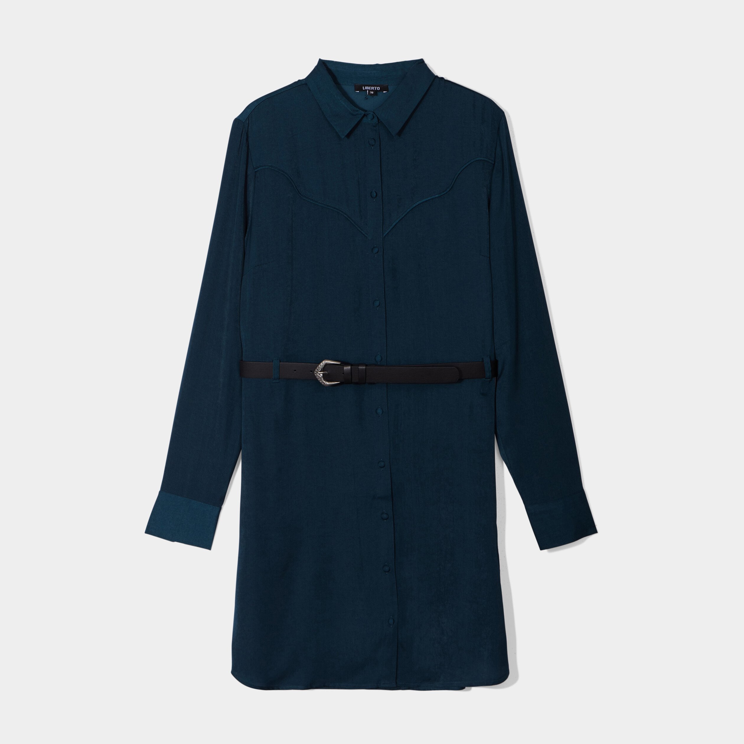Robe chemise évasée ceinturée Liberto bleu canard femme | La Halle