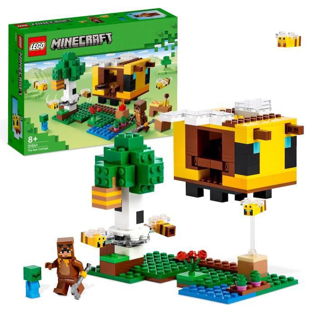 LEGO Minecraft 21241 La Cabane Abeille, Jouet, Ferme avec Maison, Zombie et Figurines Animaux blanc