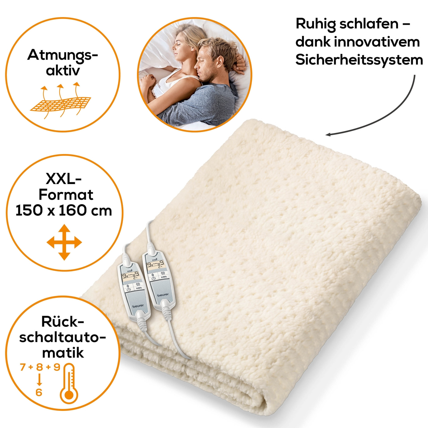 Beurer Komfort-Wärmeunterbett UB 86 Teddy Double-Weiches Wärmeunterbett mit 2 Schaltern & je 9 Temperaturstufen - 150 x 160 cm