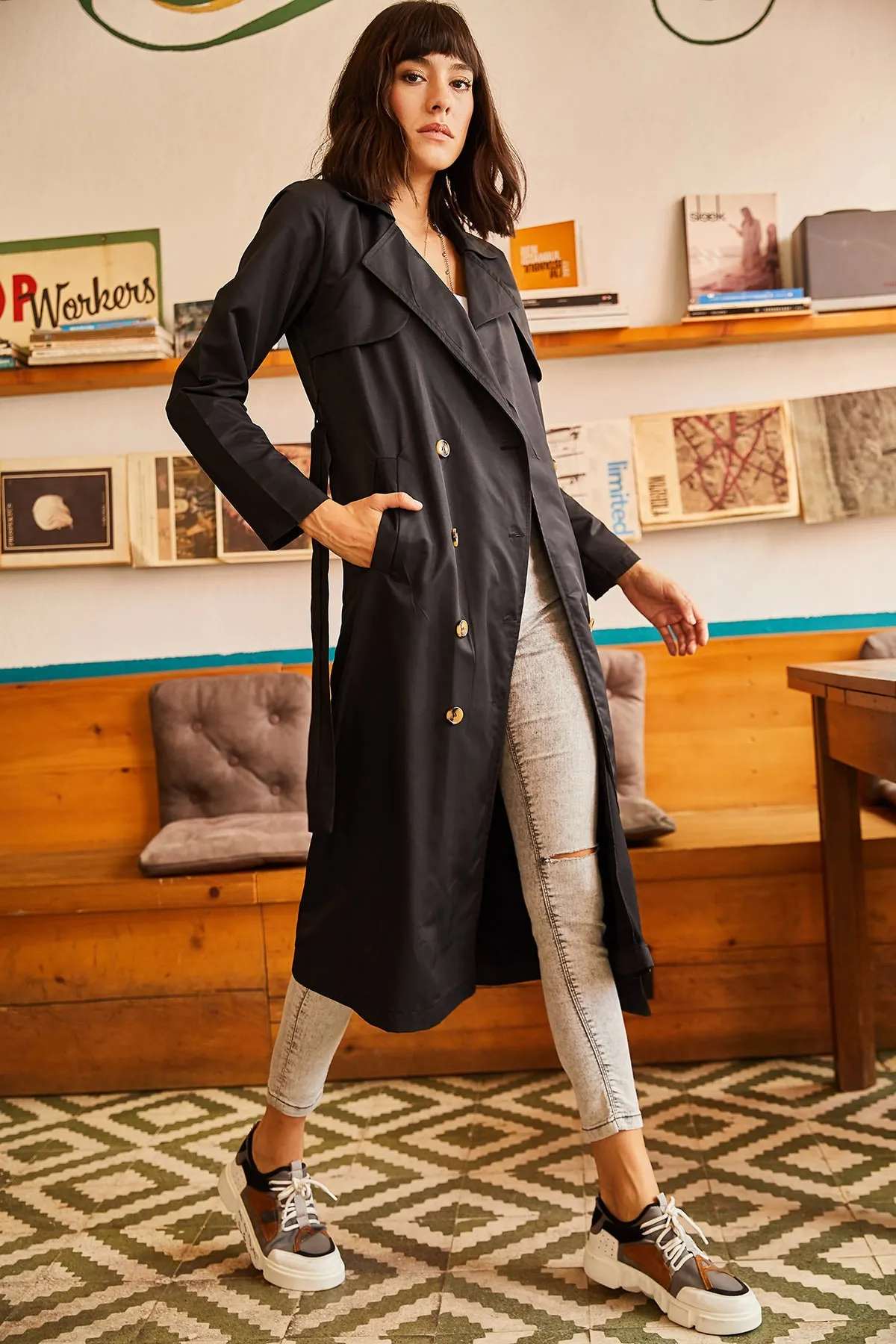 Olalook  Trenchcoat - Schwarz - Zweireihig