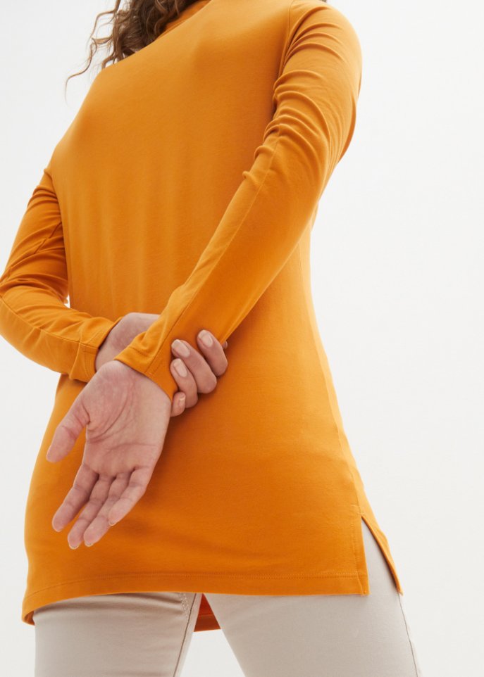 Baumwoll-Stretch-Longshirt mit Rollkragen und Seitenschlitz, Soft-Touch