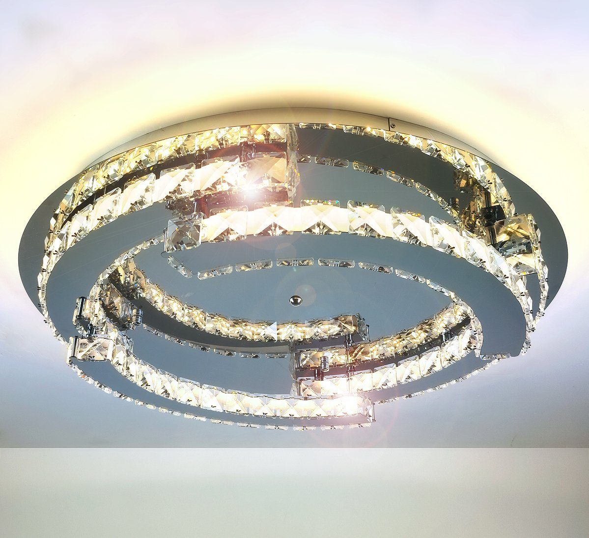 Lewima LED Deckenleuchte Schost, Glas Kristall Luxus XXXL Ø60-80cm groß Deckenlampe 50-55W, Modern Design Dimmbar rund, Warmweiß / Kaltweiß einstellbar, Silber verspiegelt inkl. Fernbedienung und Speicherfunktion