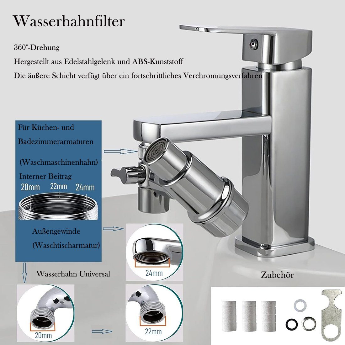 YYV Filterpumpen Filterhähne, Wasserhahnfilter drehbar multifunktional (1 St), Verlängerungshahn für 20/22/24 mm Küchen-/Badewasserhähne