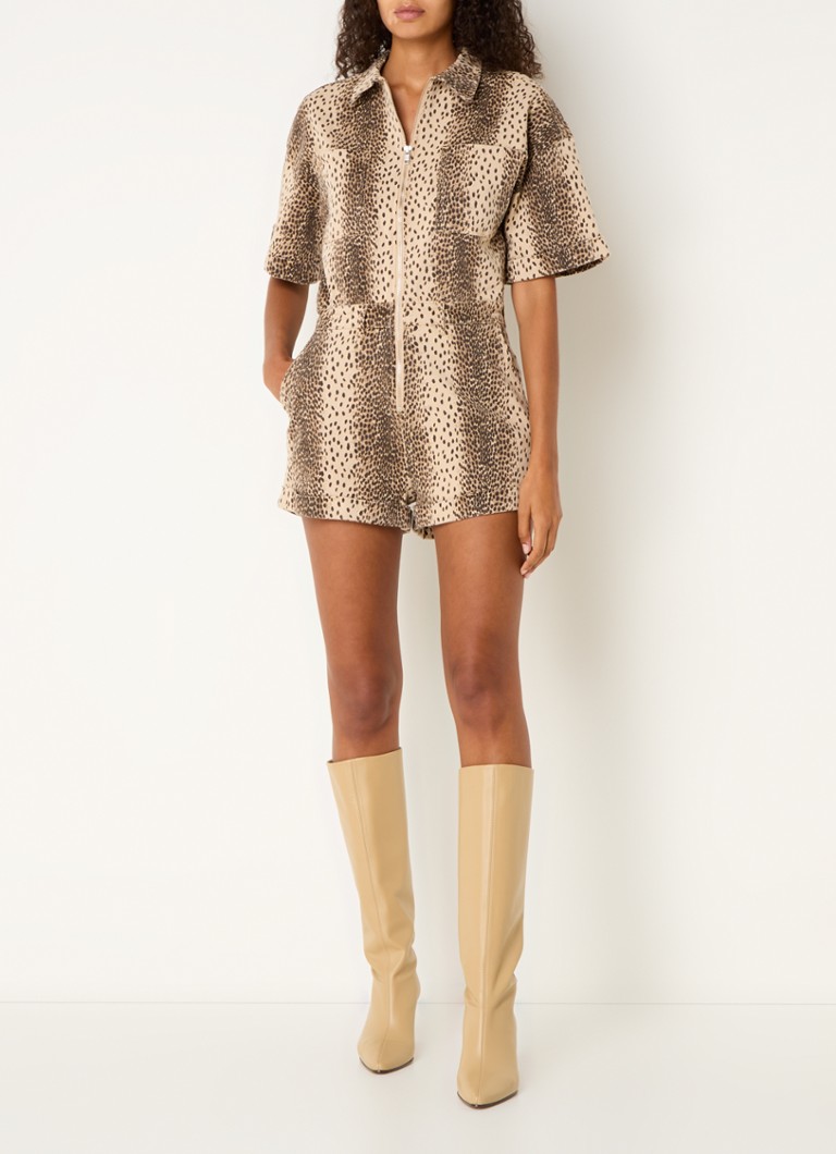 Refined Department Clau straight fit denim playsuit with leopard print
