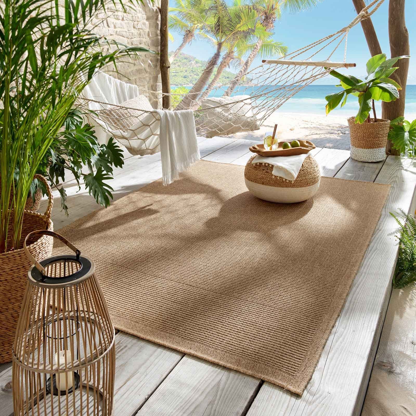 Teppich Outdoor & Indoor Teppich wetterfest Borneo Sisal-Jute-Optik naturfarbe, TaraCarpet, rechteckig, Höhe: 10 mm, Kurzflor Manaus In & Outdoor Balkon Terrasse Wohnzimmer 80x150