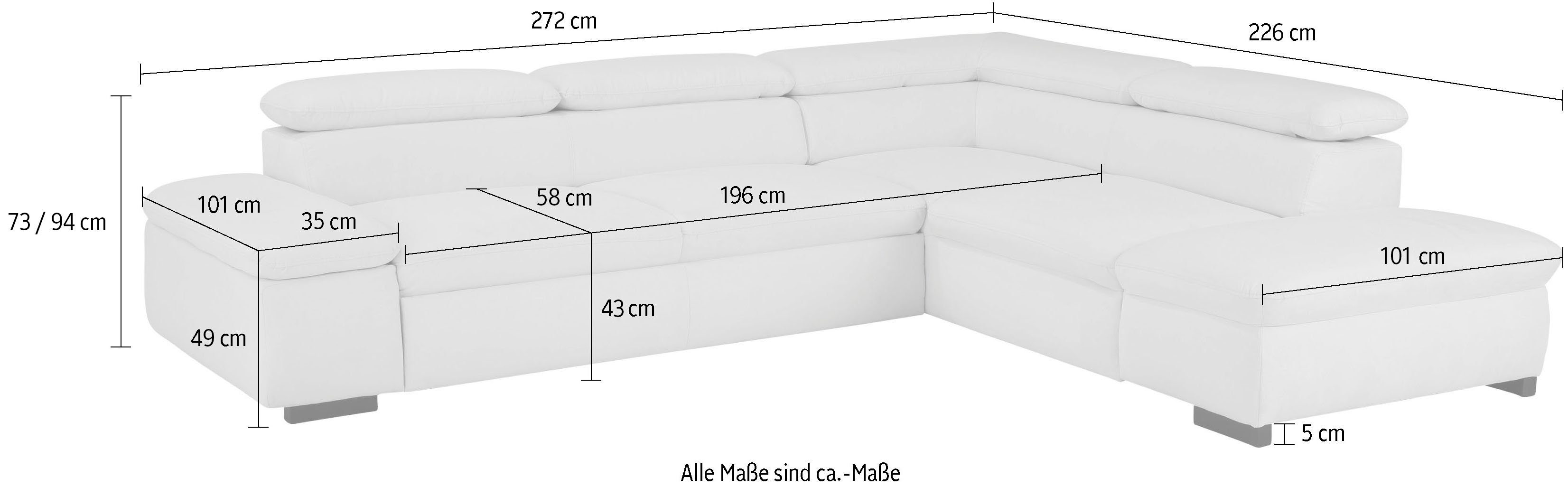 Home affaire Ecksofa Alberto, mit Ottomane, inkl. Kopfteilverstellung, wahlweise mit Bettfunktion
