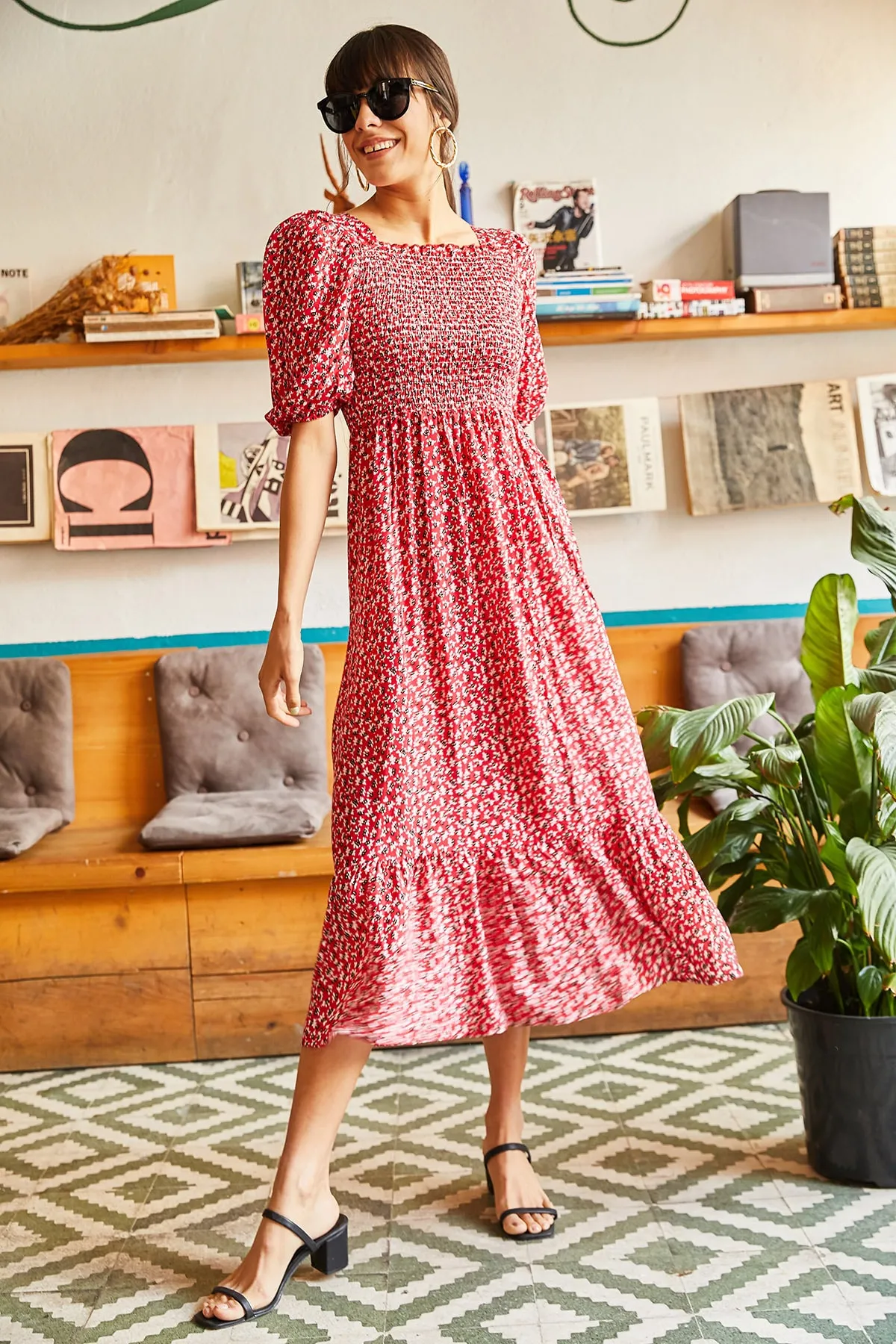 Olalook  Rotes Gimped-Freizeitkleid aus gewebter Viskose für Damen ELB-19001483