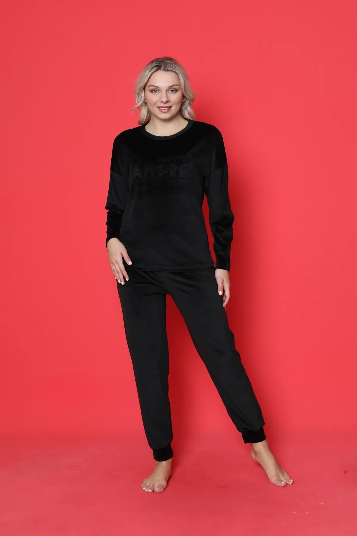 AHENGİM  Pyjama-Set für Jugendliche, französischer Samt, Amore, bedruckt, mit Spatenmanschette, Winter, saisonal, W20432250